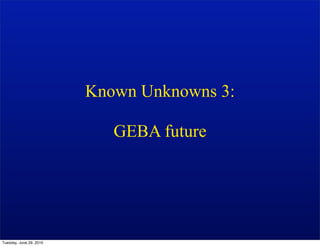 Known Unknowns 3:

                            GEBA future




Tuesday, June 29, 2010
 