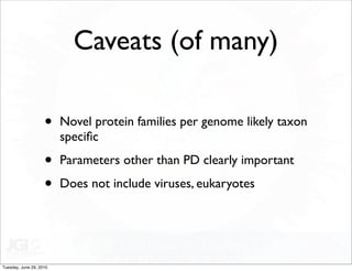 Caveats (of many)

                    •    Novel protein families per genome likely taxon
                         speciﬁc

                    •    Parameters other than PD clearly important

                    •    Does not include viruses, eukaryotes




Tuesday, June 29, 2010
 