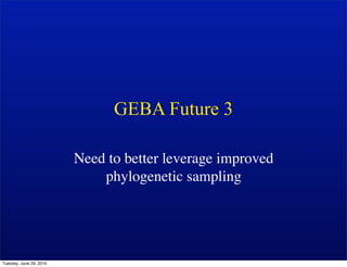 GEBA Future 3

                         Need to better leverage improved
                             phylogenetic sampling




Tuesday, June 29, 2010
 