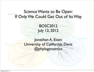 Science Wants to Be Open:
                      If Only We Could Get Out of Its Way

                                   BOSC2012
                                  July 12, 2012

                                Jonathan A. Eisen
                          University of California, Davis
                               @phylogenomics




Friday, July 13, 12
 
