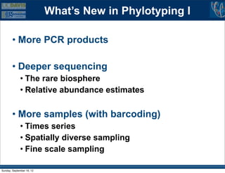 What’s New in Phylotyping I

        • More PCR products

        • Deeper sequencing
             • The rare biosphere
             • Relative abundance estimates

        • More samples (with barcoding)
             • Times series
             • Spatially diverse sampling
             • Fine scale sampling

Sunday, September 16, 12
 