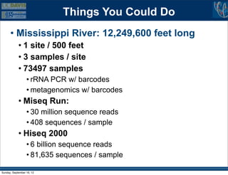 Things You Could Do
      • Mississippi River: 12,249,600 feet long
            • 1 site / 500 feet
            • 3 samples / site
            • 73497 samples
                  • rRNA PCR w/ barcodes
                  • metagenomics w/ barcodes
            • Miseq Run:
                  • 30 million sequence reads
                  • 408 sequences / sample
            • Hiseq 2000
                  • 6 billion sequence reads
                  • 81,635 sequences / sample

Sunday, September 16, 12
 