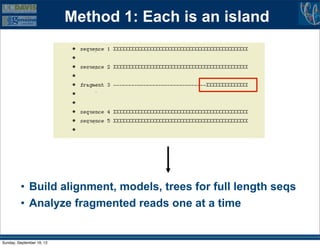 Method 1: Each is an island




         • Build alignment, models, trees for full length seqs
         • Analyze fragmented reads one at a time


Sunday, September 16, 12
 