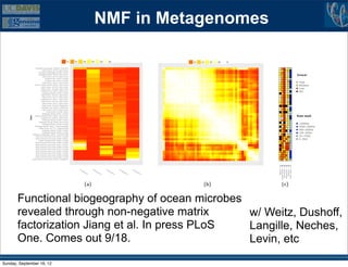 Characterizing the niche-space distributions of components                                                                      NMF in Metagenomes

                                                                                      0 .1   0 .2             0 .3           0 .4                  0 .5        0 .6                                                                  0 .2   0 .4   0 .6   0 .8   1 .0



                           Polyne sia Archipe la gos_ G S 0 4 8 a _ C ora l R e e f
                                        India n O ce a n_ G S 1 2 0 _ O pe n O ce a n
                                Polyne sia Archipe la gos_ G S 0 4 9 _ C oa sta l
                                G a la pa gos Isla nds_ G S 0 2 6 _ O pe n O ce a n
                                        India n O ce a n_ G S 1 1 9 _ O pe n O ce a n
                                                                                                                                                                                                                                                                                         G e ne ra l
                                             C a ribbe a n S e a _ G S 0 1 5 _ C oa sta l
                                             C a ribbe a n S e a _ G S 0 1 9 _ C oa sta l
                                        India n O ce a n_ G S 1 1 4 _ O pe n O ce a n                                                                                                                                                                                                      H igh
                         E a ste rn Tropica l Pa cific_ G S 0 2 3 _ O pe n O ce a n                                                                                                                                                                                                        M e dium
                                      India n O ce a n_ G S 1 1 0 a _ O pe n O ce a n
                                     India n O ce a n_ G S 1 0 8 a _ La goon R e e f                                                                                                                                                                                                       Low
                                     C a ribbe a n S e a _ G S 0 1 8 _ O pe n O ce a n                                                                                                                                                                                                     NA
                                        G a la pa gos Isla nds_ G S 0 3 4 _ C oa sta l
                                      India n O ce a n_ G S 1 2 2 a _ O pe n O ce a n
                                        India n O ce a n_ G S 1 2 1 _ O pe n O ce a n
                                     C a ribbe a n S e a _ G S 0 1 7 _ O pe n O ce a n
                                      India n O ce a n_ G S 1 1 2 a _ O pe n O ce a n
                                        India n O ce a n_ G S 1 1 3 _ O pe n O ce a n
                                       India n O ce a n_ G S 1 4 8 _ F ringing R e e f
                                      C a ribbe a n S e a _ G S 0 1 6 _ C oa sta l S e a
                                        India n O ce a n_ G S 1 2 3 _ O pe n O ce a n
                                                India n O ce a n_ G S 1 4 9 _ H a rbor
                                        G a la pa gos Isla nds_ G S 0 2 7 _ C oa sta l
                         E a ste rn Tropica l Pa cific_ G S 0 2 2 _ O pe n O ce a n                                                                                                                                                                                                      W a te r de pth
             S ites




                                     S a rga sso S e a _ G S 0 0 1 c_ O pe n O ce a n
                                        G a la pa gos Isla nds_ G S 0 3 5 _ C oa sta l
                                 G a la pa gos Isla nds_ G S 0 3 0 _ W a rm S e e p
                                        G a la pa gos Isla nds_ G S 0 2 9 _ C oa sta l                                                                                                                                                                                                     >4000m
                         G a la pa gos Isla nds_ G S 0 3 1 _ C oa sta l upwe lling
                                 India n O ce a n_ G S 1 1 7 a _ C oa sta l sa m ple
                                                                                                                                                                                                                                                                                           2000!4000m
                                        G a la pa gos Isla nds_ G S 0 2 8 _ C oa sta l                                                                                                                                                                                                     900!2000m
                                        G a la pa gos Isla nds_ G S 0 3 6 _ C oa sta l                                                                                                                                                                                                     100!200m
                      Polyne sia Archipe la gos_ G S 0 5 1 _ C ora l R e e f Atoll
                           N orth Am e rica n E a st C oa st_ G S 0 1 4 _ C oa sta l                                                                                                                                                                                                       20!100m
                           N orth Am e rica n E a st C oa st_ G S 0 0 6 _ E stua ry                                                                                                                                                                                                        0!20m
                                E a ste rn Tropica l Pa cific_ G S 0 2 1 _ C oa sta l
                           N orth Am e rica n E a st C oa st_ G S 0 0 9 _ C oa sta l
                           N orth Am e rica n E a st C oa st_ G S 0 1 1 _ E stua ry
                           N orth Am e rica n E a st C oa st_ G S 0 0 8 _ C oa sta l
                           N orth Am e rica n E a st C oa st_ G S 0 1 3 _ C oa sta l
                           N orth Am e rica n E a st C oa st_ G S 0 0 4 _ C oa sta l
                           N orth Am e rica n E a st C oa st_ G S 0 0 7 _ C oa sta l
                           N orth Am e rica n E a st C oa st_ G S 0 0 3 _ C oa sta l
                           N orth Am e rica n E a st C oa st_ G S 0 0 2 _ C oa sta l
                      N orth Am e rica n E a st C oa st_ G S 0 0 5 _ E m baym e nt




                                                                                                    Co                        Co                          Co                       Co                       Co




                                                                                                                                                                                                                                                                          Chlorophyll
                                                                                                                                                                                                                                                                              Salinity


                                                                                                                                                                                                                                                                         Temperature

                                                                                                                                                                                                                                                                         Water Depth
                                                                                                                                                                                                                                                                        Sample Depth


                                                                                                                                                                                                                                                                           Insolation
                                                                                                         mp                         mp                         mp                       mp                       mp
                                                                                                              on                         on                         on                       on                       on
                                                                                                                   en                         en                         en                       en                       en
                                                                                                                        t1                         t2                         t3                       t4                       t5




                                                                                                               (a)                                                                                                                             (b)                        (c)


      Functional biogeography of ocean microbes
    Figure 3: a) Niche-space non-negative matrix
      revealed through distributions for our ﬁve components (H T );Weitz,site-
                                                                       w/ b) the Dushoff,
    similarity matrix (HJiang environmental variables for the sites. The matrices Neches,
      factorization ˆ  ˆ T H); c) et al. In press PLoS
                                                                       Langille, are
    aligned so that the same row corresponds to the same site in each matrix. Sites are
      One. Comes out 9/18.                                             Levin, etc
    ordered by applying spectral reordering to the similarity matrix (see Materials and
    Methods). Rows are aligned across the three matrices.
Sunday, September 16, 12
 