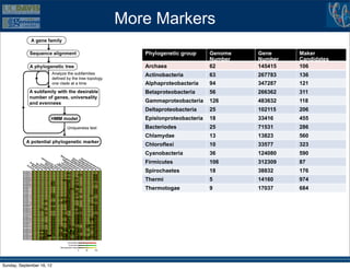More Markers
                              Phylogenetic group      Genome   Gene     Maker
                                                      Number   Number   Candidates
                              Archaea                 62       145415   106
                              Actinobacteria          63       267783   136
                              Alphaproteobacteria     94       347287   121
                              Betaproteobacteria      56       266362   311
                              Gammaproteobacteria     126      483632   118
                              Deltaproteobacteria     25       102115   206
                              Epislonproteobacteria   18       33416    455
                              Bacteriodes             25       71531    286
                              Chlamydae               13       13823    560
                              Chloroflexi             10       33577    323
                              Cyanobacteria           36       124080   590
                              Firmicutes              106      312309   87
                              Spirochaetes            18       38832    176
                              Thermi                  5        14160    974
                              Thermotogae             9        17037    684




Sunday, September 16, 12
 