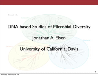 DNA based Studies of Microbial Diversity
        DNA based Studies of Microbial Diversity
                               Jonathan A. Eisen
                               Jonathan A. Eisen

                         University of California, Davis
                         University of California, Davis



                                                           1
Monday, January 28, 13
 