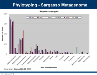 0
0.125
0.250
0.375
0.500
Alphaproteobacteria
Betaproteobacteria
G
am
m
aproteobacteria
Epsilonproteobacteria
Deltaproteobacteria
C
yanobacteriaFirm
icutesActinobacteria
C
hlorobi
C
FB
C
hloroflexiSpirochaetesFusobacteria
Deinococcus-Therm
us
EuryarchaeotaC
renarchaeota
Sargasso Phylotypes
Weighted%ofClones
Major Phylogenetic Group
EFG EFTu HSP70 RecA RpoB rRNA
Phylotyping - Sargasso Metagenome
Venter et al., Science 304: 66. 2004
Wednesday, August 7, 13
 