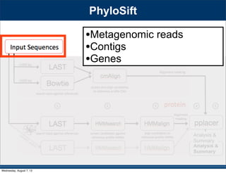 Analysis &
Summary
Analysis &
Summary
•Metagenomic reads
•Contigs
•Genes
PhyloSift
Wednesday, August 7, 13
 