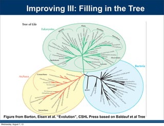 Improving III: Filling in the Tree
Figure from Barton, Eisen et al. “Evolution”, CSHL Press based on Baldauf et al Tree
Wednesday, August 7, 13
 