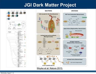 JGI Dark Matter Project
environmental
samples (n=9)
isolation of single
cells (n=9,600)
whole genome
amplification (n=3,300)
SSU rRNA gene
based identification
(n=2,000)
genome sequencing,
assembly and QC (n=201)
draft genomes
(n=201)
SAK
HSM ETLTG
HOT
GOM
GBS
EPR
TAETL T
PR
EBS
AK E
SM G TATTG
OM
OT
seawater brackish/freshwater hydrothermal sediment bioreactor
GN04
WS3 (Latescibacteria)
GN01
+Gí
LD1
WS1
Poribacteria
BRC1
Lentisphaerae
Verrucomicrobia
OP3 (Omnitrophica)
Chlamydiae
Planctomycetes
NKB19 (Hydrogenedentes)
WYO
Armatimonadetes
WS4
Actinobacteria
Gemmatimonadetes
NC10
SC4
WS2
Cyanobacteria
:36í2
Deltaproteobacteria
EM19 (Calescamantes)
2FW6SDí )HUYLGLEDFWHULD 