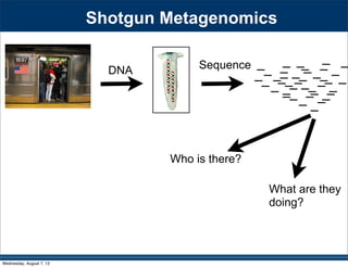 Shotgun Metagenomics
DNA Sequence
Who is there?
What are they
doing?
Wednesday, August 7, 13
 