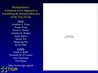Phylogenomics:
A Genome Level Approach to
Assembling the Bacterial Branches
of the Tree of Life
TIGR:
Jonathan A. Eisen
Naomi Ward
Karen E. Nelson
Jonathan H. Badger
James Sakwa
Martin Wu
Dongying Wu
Kevin Penn
COMB:
Frank T. Robb
Elizabeth M. O’Connor
Julie Enticknap
Tim Steppe

http://www.tigr.org/tol

TIGR

QuickTime™ and a
TIFF (LZW) decompressor
are needed to see this picture.

 
