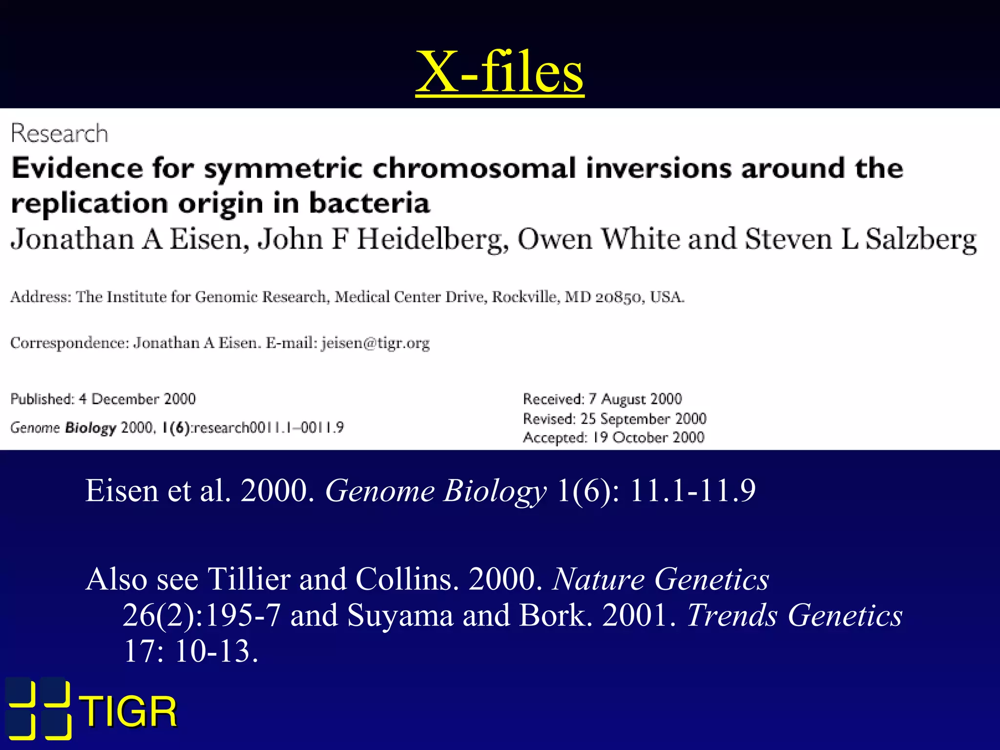 TIGRTIGR
X-files
Eisen et al. 2000. Genome Biology 1(6): 11.1-11.9
Also see Tillier and Collins. 2000. Nature Genetics
26(2):195-7 and Suyama and Bork. 2001. Trends Genetics
17: 10-13.
 