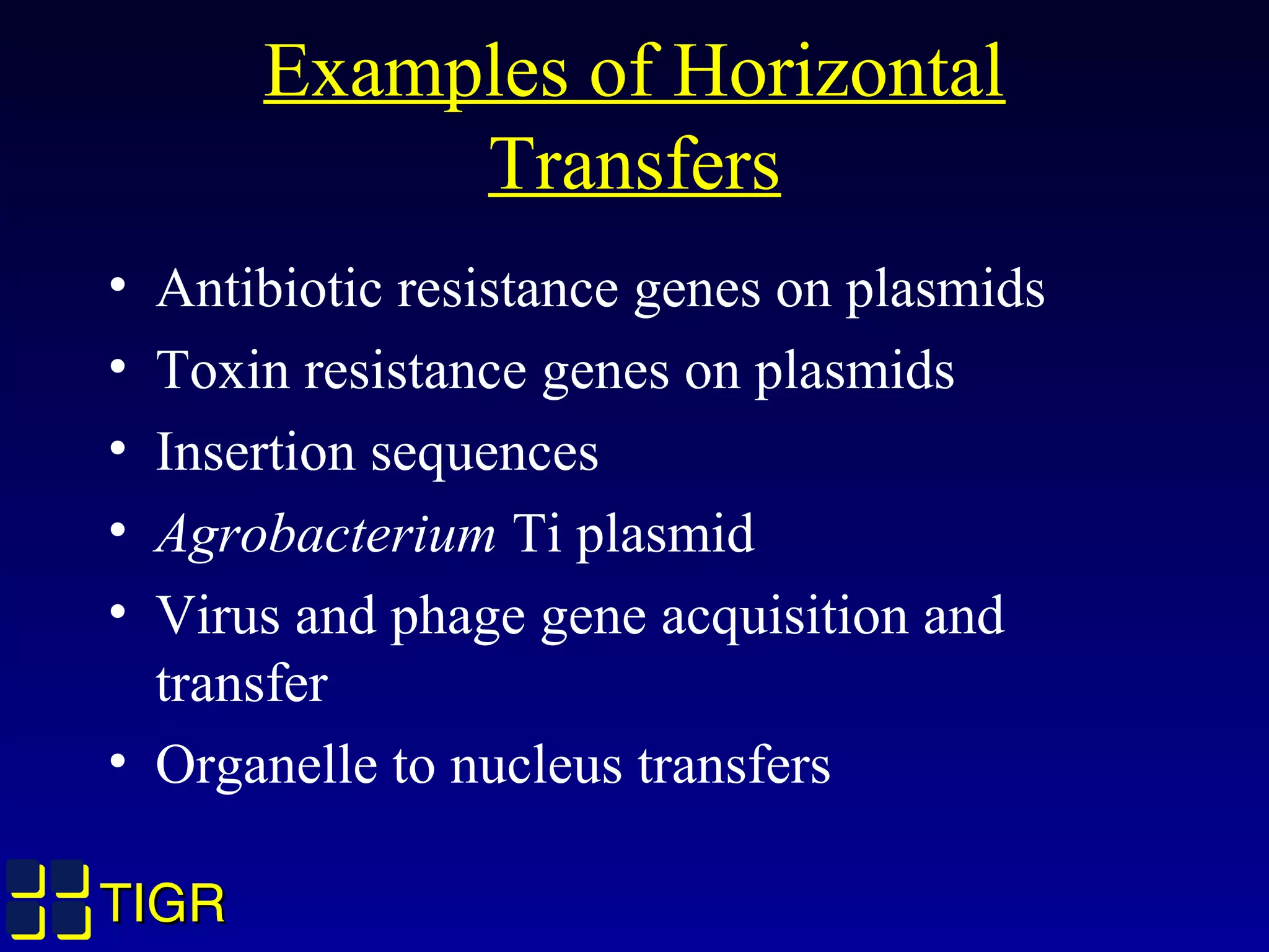 TIGRTIGR
Examples of Horizontal
Transfers
• Antibiotic resistance genes on plasmids
• Toxin resistance genes on plasmids
• Insertion sequences
• Agrobacterium Ti plasmid
• Virus and phage gene acquisition and
transfer
• Organelle to nucleus transfers
 