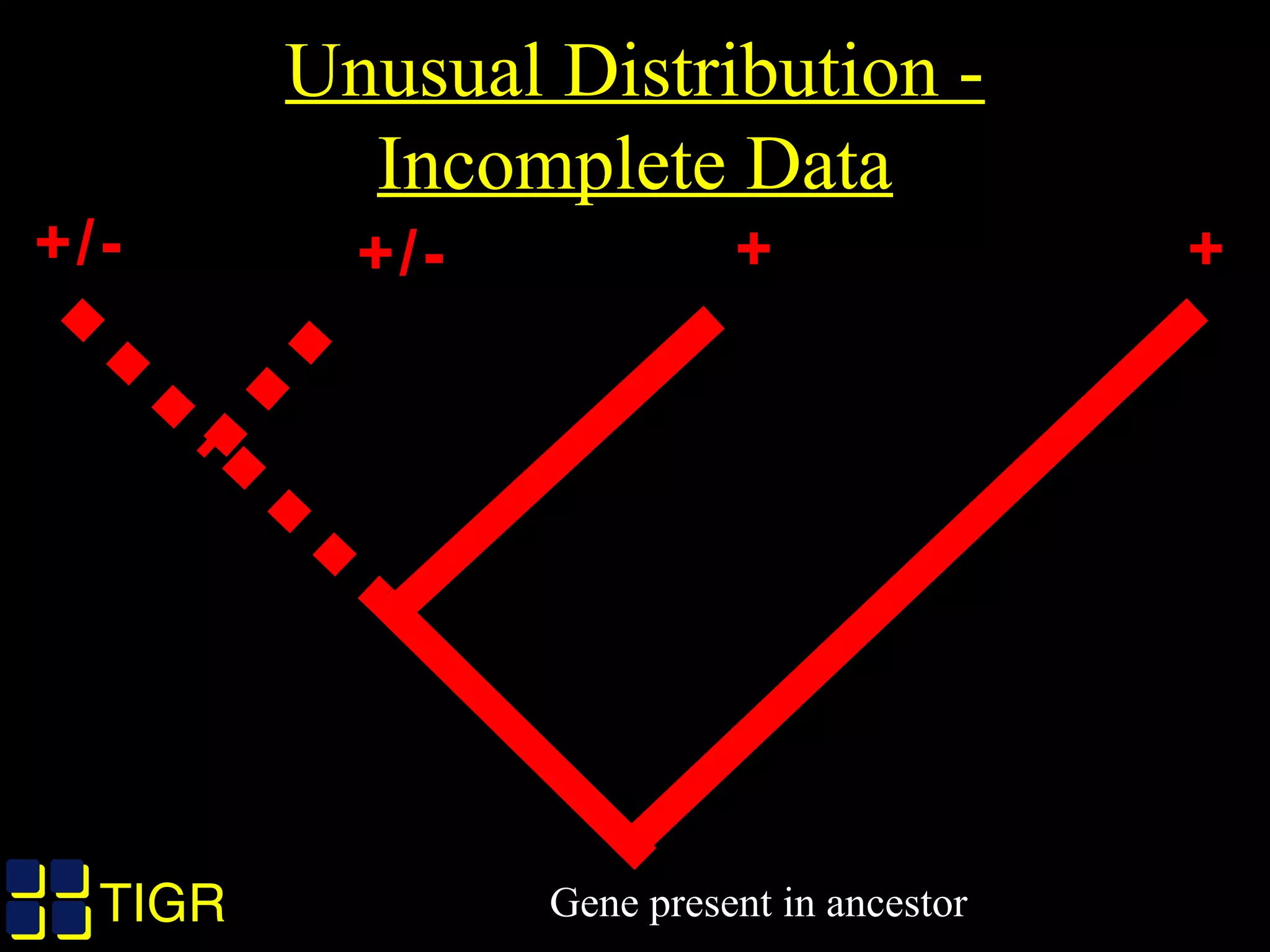 TIGRTIGR
Unusual Distribution -
Incomplete Data
+ +
Gene present in ancestor
+/-+/-
 