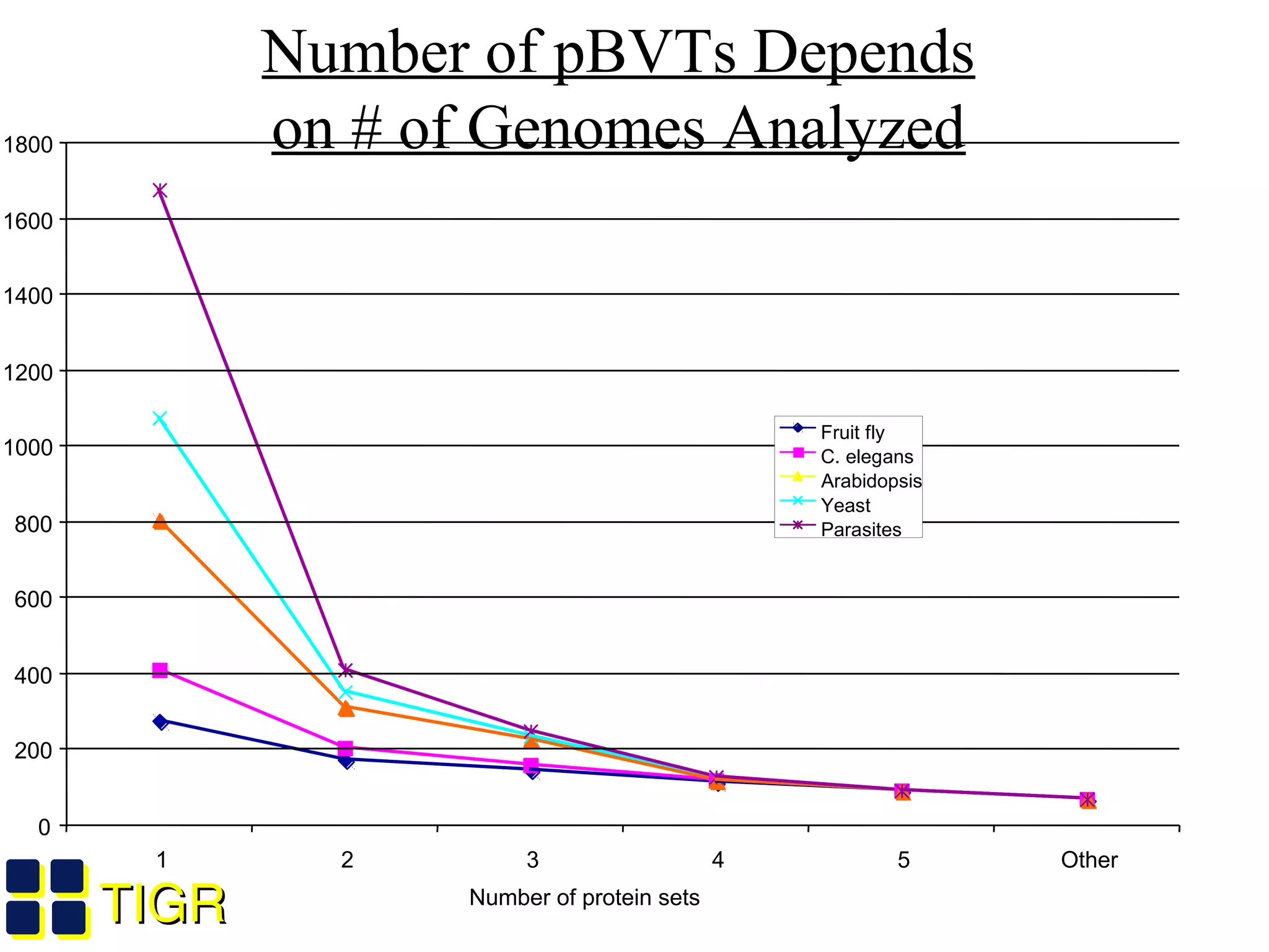 TIGRTIGR
Number of pBVTs Depends
on # of Genomes Analyzed
1 2 3 4 5 Other
0
200
400
600
800
1000
1200
1400
1600
1800
Number of protein sets
Fruit fly
C. elegans
Arabidopsis
Yeast
Parasites
Salzberg et al. 2001
 