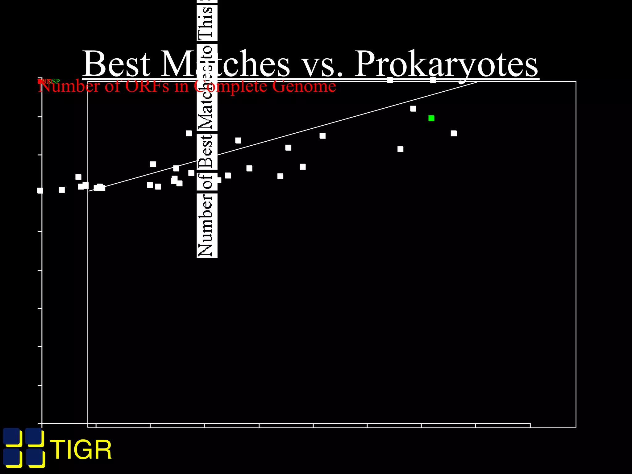 TIGRTIGR
SYNSP0100200300400500600700800900
Number of Best Matches to This Species050010001500200025003000350040004500
Number of ORFs in Complete Genome
Best Matches vs. Prokaryotes
 