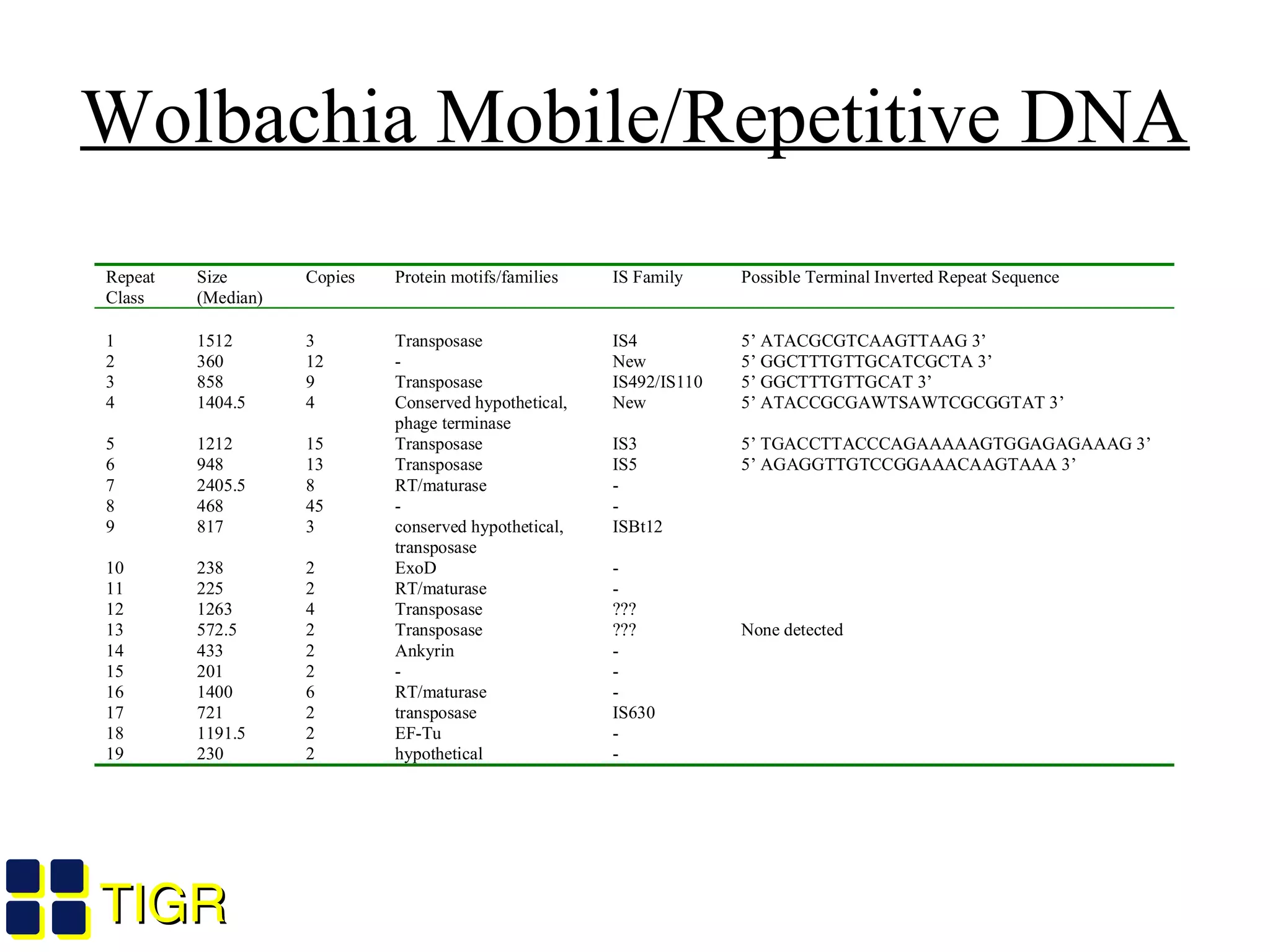 TIGRTIGR
Wolbachia Mobile/Repetitive DNA
Repeat
Class
Size
(Median)
Copies Protein motifs/families IS Family Possible Terminal Inverted Repeat Sequence
1 1512 3 Transposase IS4 5’ ATACGCGTCAAGTTAAG 3’
2 360 12 - New 5’ GGCTTTGTTGCATCGCTA 3’
3 858 9 Transposase IS492/IS110 5’ GGCTTTGTTGCAT 3’
4 1404.5 4 Conserved hypothetical,
phage terminase
New 5’ ATACCGCGAWTSAWTCGCGGTAT 3’
5 1212 15 Transposase IS3 5’ TGACCTTACCCAGAAAAAGTGGAGAGAAAG 3’
6 948 13 Transposase IS5 5’ AGAGGTTGTCCGGAAACAAGTAAA 3’
7 2405.5 8 RT/maturase -
8 468 45 - -
9 817 3 conserved hypothetical,
transposase
ISBt12
10 238 2 ExoD -
11 225 2 RT/maturase -
12 1263 4 Transposase ???
13 572.5 2 Transposase ??? None detected
14 433 2 Ankyrin -
15 201 2 - -
16 1400 6 RT/maturase -
17 721 2 transposase IS630
18 1191.5 2 EF-Tu -
19 230 2 hypothetical -
Wu et al., 2004
 