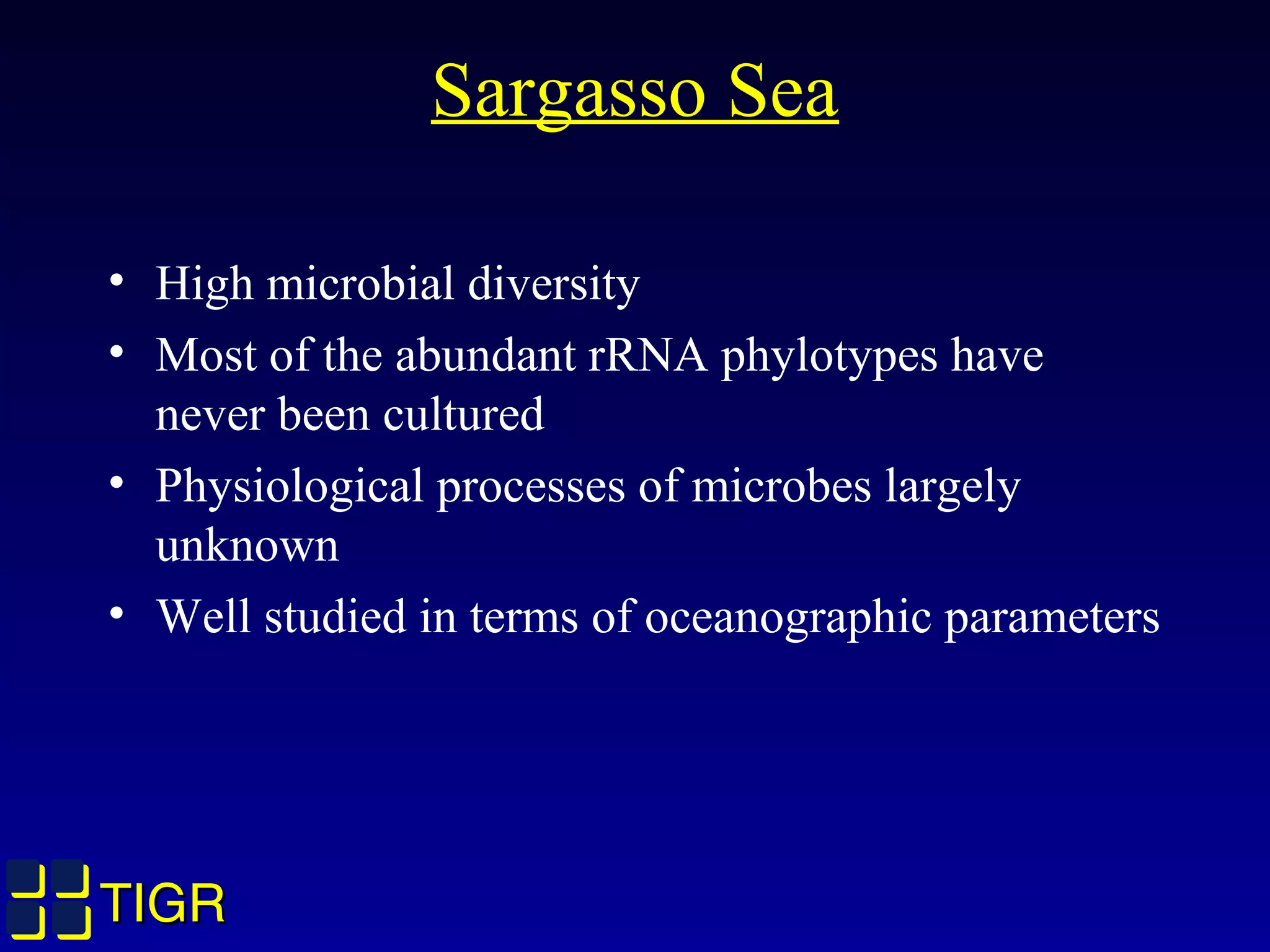 TIGRTIGR
Sargasso Sea
• High microbial diversity
• Most of the abundant rRNA phylotypes have
never been cultured
• Physiological processes of microbes largely
unknown
• Well studied in terms of oceanographic parameters
 