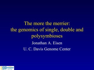 The more the merrier:
the genomics of single, double and
polysymbioses
Jonathan A. Eisen
U. C. Davis Genome Center
 