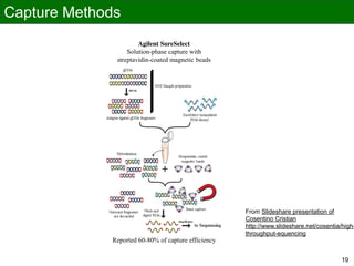 High throughput sample preparation
Sample
preparation
Clusters
amplification
Sequencing by
synthesis
Analysis
pipeline
Introduction
Illumina GAII
High
throughput
Agilent SureSelect
Solution-phase capture with
streptavidin-coated magnetic beads
Reported 60-80% of capture efficiency
From Slideshare presentation of
Cosentino Cristian
http://www.slideshare.net/cosentia/high-
throughput-equencing
Capture Methods
19 19
 