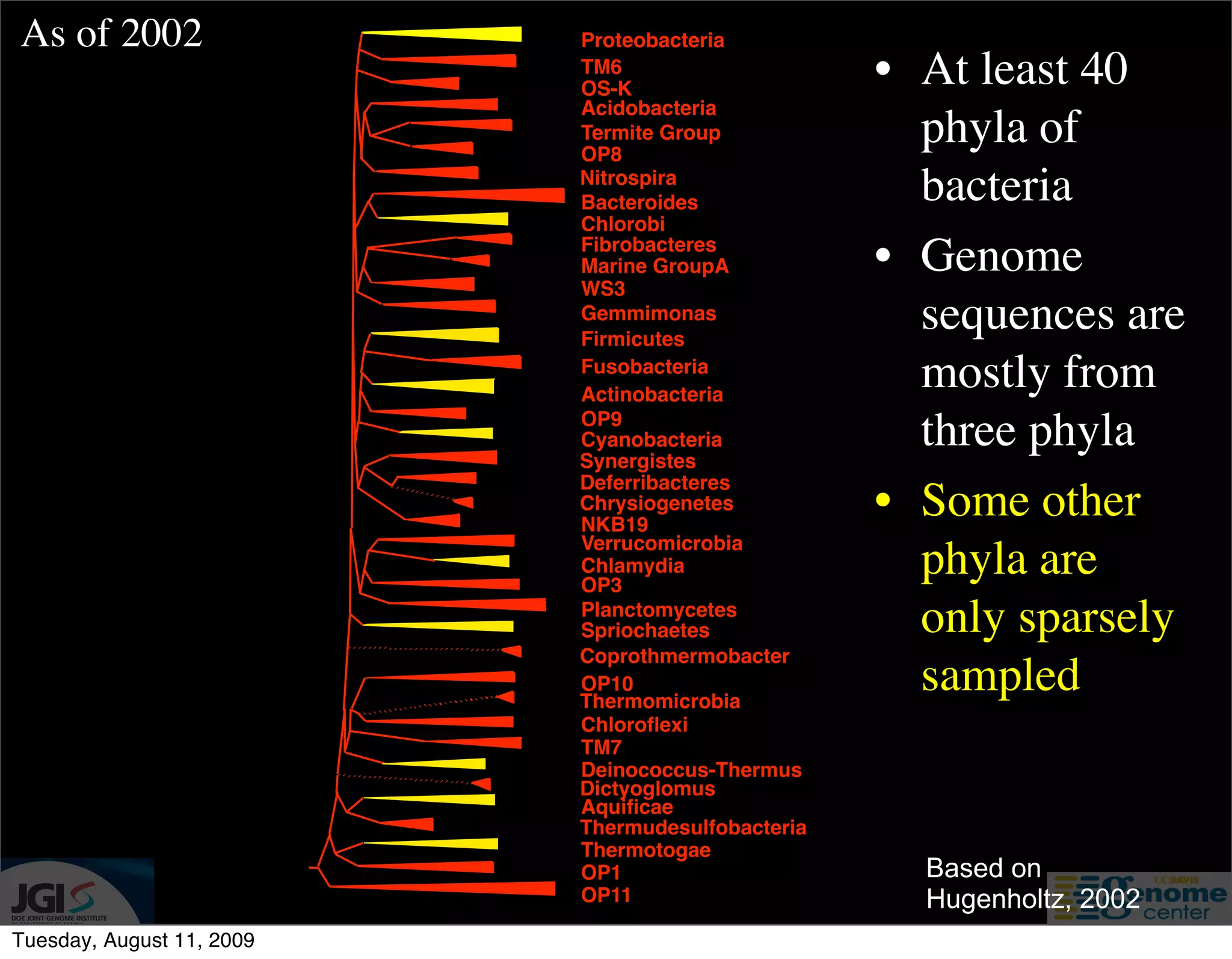 As of 2002                 Proteobacteria
                           TM6
                           OS-K
                                                   • At least 40
                           Acidobacteria
                           Termite Group
                           OP8
                                                     phyla of
                           Nitrospira
                           Bacteroides               bacteria
                           Chlorobi
                           Fibrobacteres
                           Marine GroupA           • Genome
                           WS3
                           Gemmimonas
                           Firmicutes
                                                     sequences are
                           Fusobacteria
                           Actinobacteria
                                                     mostly from
                           OP9
                           Cyanobacteria
                           Synergistes
                                                     three phyla
                           Deferribacteres
                           Chrysiogenetes
                           NKB19
                                                   • Some other
                           Verrucomicrobia
                           Chlamydia
                           OP3
                                                     phyla are
                           Planctomycetes
                           Spriochaetes              only sparsely
                           Coprothmermobacter
                           OP10
                           Thermomicrobia
                                                     sampled
                           Chloroﬂexi
                           TM7
                           Deinococcus-Thermus
                           Dictyoglomus
                           Aquiﬁcae
                           Thermudesulfobacteria
                           Thermotogae
                           OP1                       Based on
                           OP11                      Hugenholtz, 2002
Tuesday, August 11, 2009
 