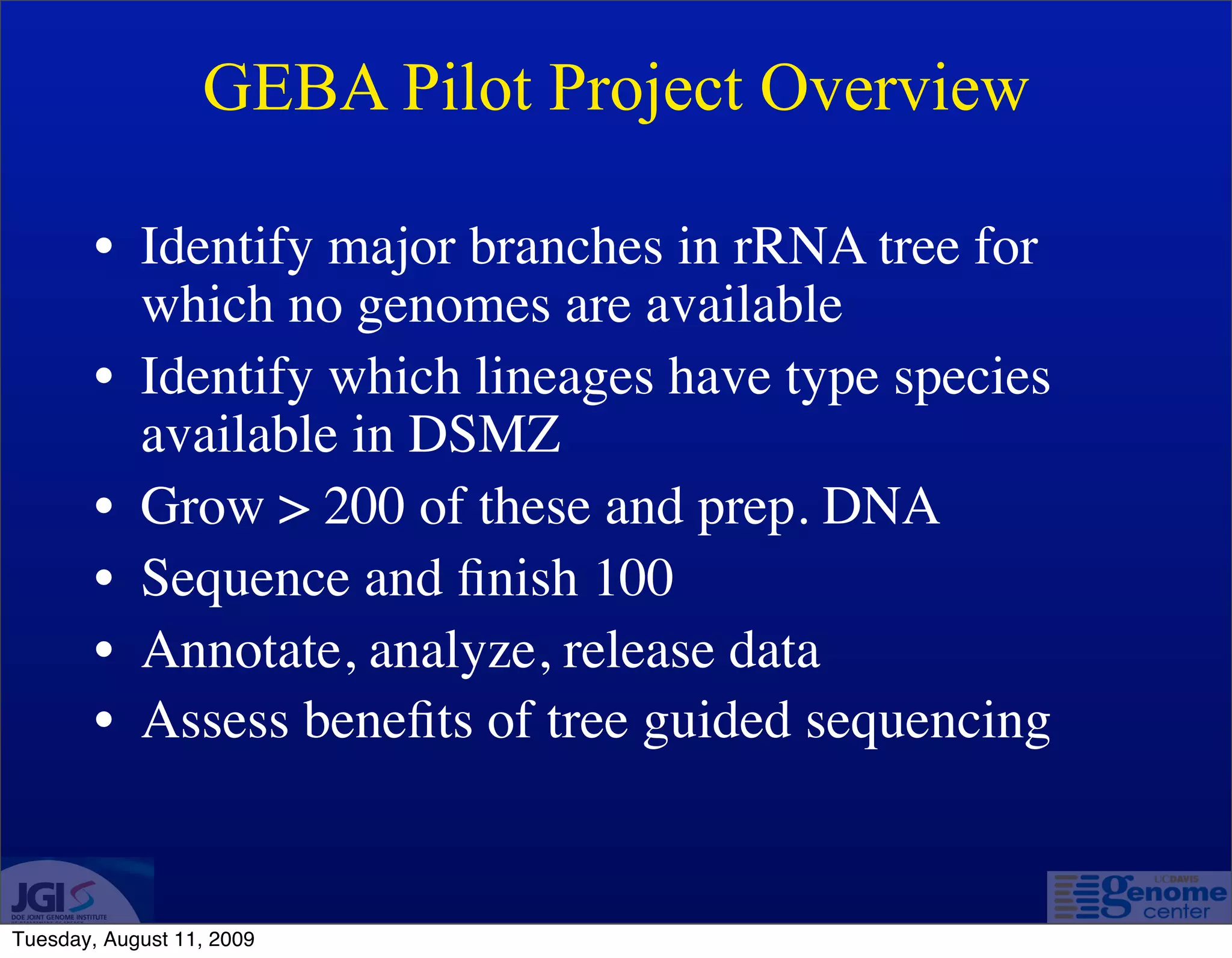 GEBA Pilot Project Overview

        • Identify major branches in rRNA tree for
          which no genomes are available
        • Identify which lineages have type species
          available in DSMZ
        • Grow > 200 of these and prep. DNA
        • Sequence and ﬁnish 100
        • Annotate, analyze, release data
        • Assess beneﬁts of tree guided sequencing


Tuesday, August 11, 2009
 