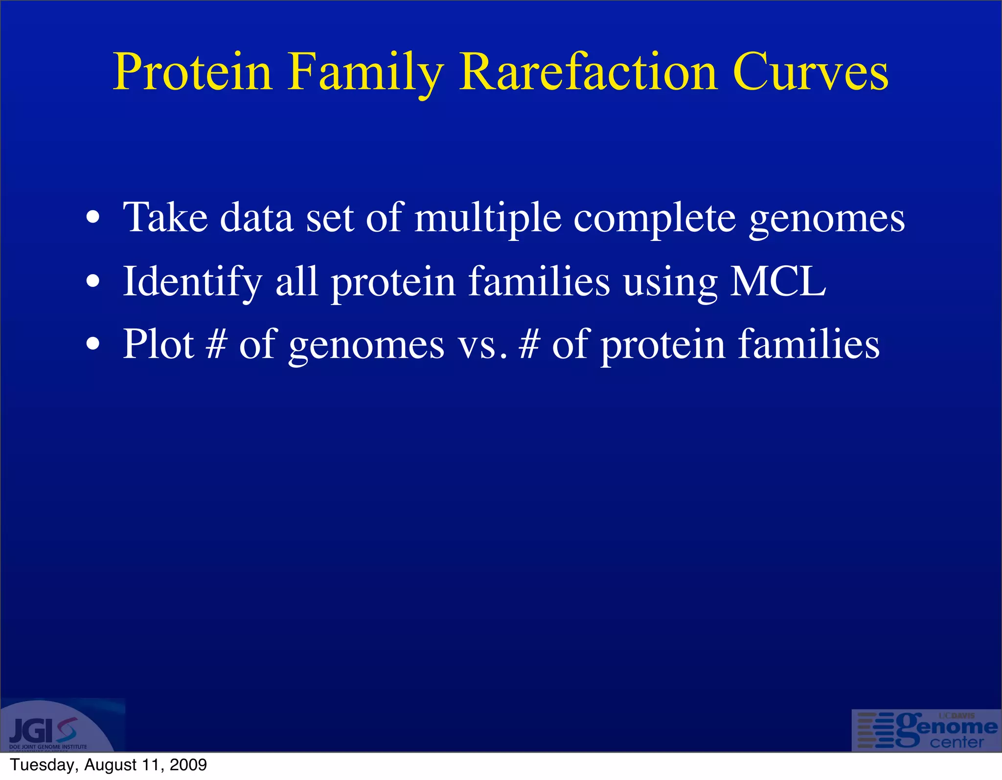 Protein Family Rarefaction Curves

         • Take data set of multiple complete genomes
         • Identify all protein families using MCL
         • Plot # of genomes vs. # of protein families




Tuesday, August 11, 2009
 