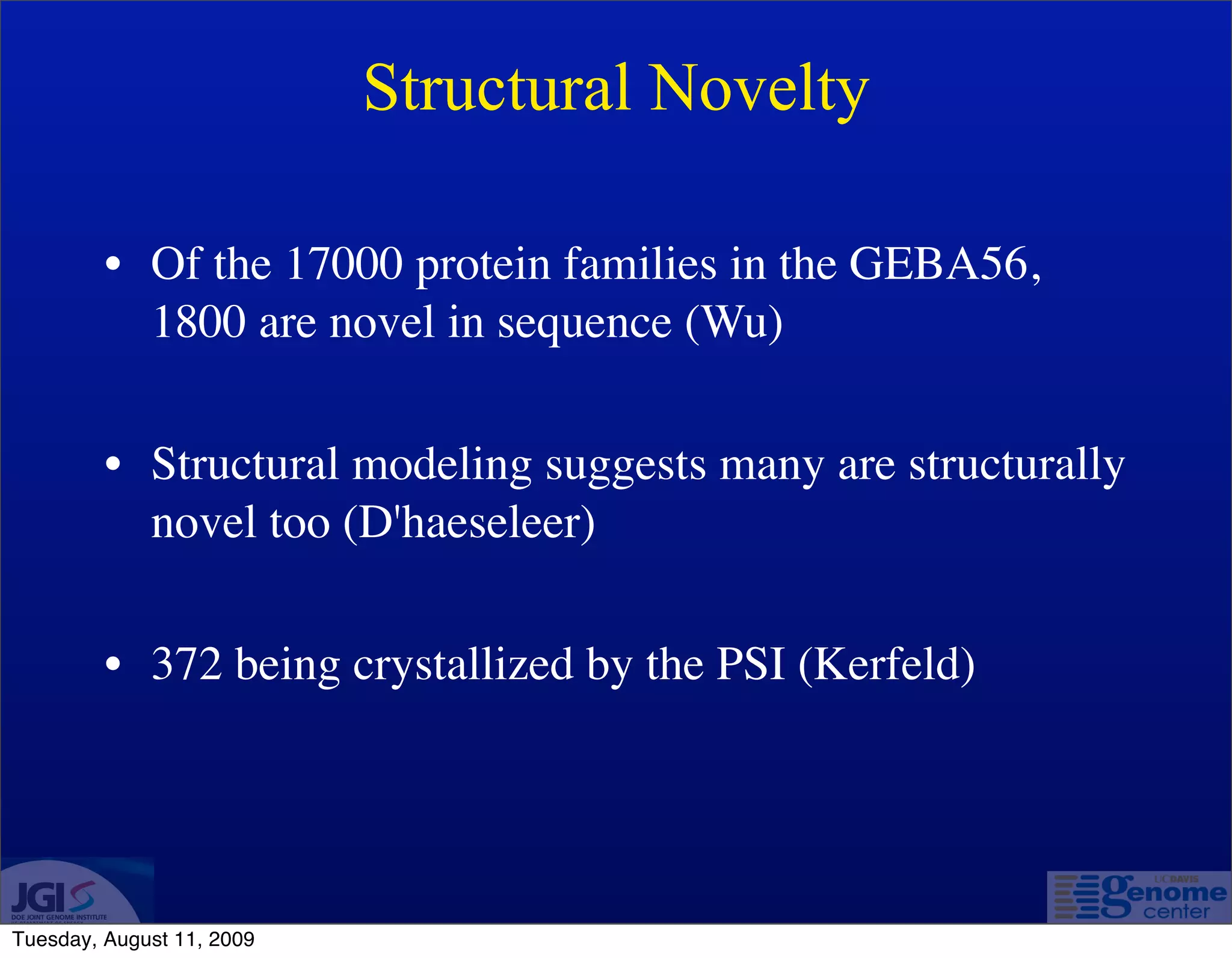 Structural Novelty

         • Of the 17000 protein families in the GEBA56,
           1800 are novel in sequence (Wu)

         • Structural modeling suggests many are structurally
           novel too (D'haeseleer)

         • 372 being crystallized by the PSI (Kerfeld)




Tuesday, August 11, 2009
 