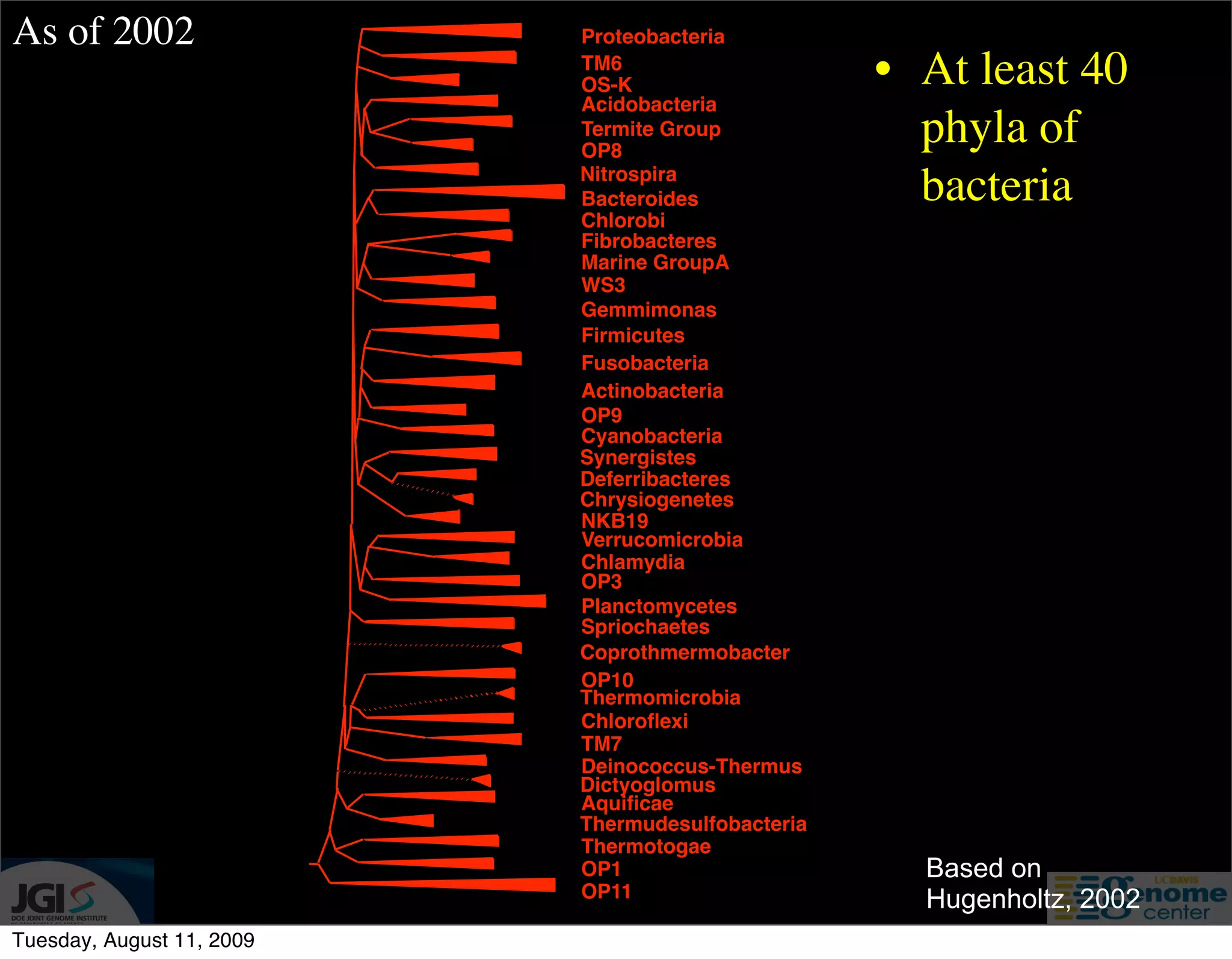 As of 2002                 Proteobacteria
                           TM6
                           OS-K                    • At least 40
                           Acidobacteria
                           Termite Group
                           OP8
                                                     phyla of
                           Nitrospira
                           Bacteroides               bacteria
                           Chlorobi
                           Fibrobacteres
                           Marine GroupA
                           WS3
                           Gemmimonas
                           Firmicutes
                           Fusobacteria
                           Actinobacteria
                           OP9
                           Cyanobacteria
                           Synergistes
                           Deferribacteres
                           Chrysiogenetes
                           NKB19
                           Verrucomicrobia
                           Chlamydia
                           OP3
                           Planctomycetes
                           Spriochaetes
                           Coprothmermobacter
                           OP10
                           Thermomicrobia
                           Chloroﬂexi
                           TM7
                           Deinococcus-Thermus
                           Dictyoglomus
                           Aquiﬁcae
                           Thermudesulfobacteria
                           Thermotogae
                           OP1                       Based on
                           OP11                      Hugenholtz, 2002
Tuesday, August 11, 2009
 