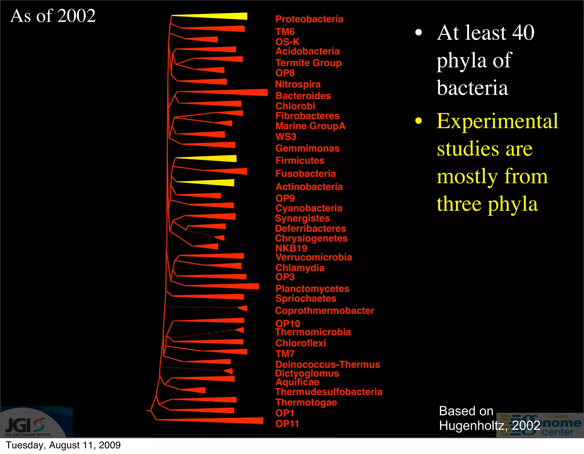 As of 2002                 Proteobacteria
                           TM6
                           OS-K
                                                   • At least 40
                           Acidobacteria
                           Termite Group
                           OP8
                                                     phyla of
                           Nitrospira
                           Bacteroides               bacteria
                           Chlorobi
                           Fibrobacteres
                           Marine GroupA           • Experimental
                           WS3
                           Gemmimonas
                           Firmicutes
                                                     studies are
                           Fusobacteria
                           Actinobacteria
                                                     mostly from
                           OP9
                           Cyanobacteria
                           Synergistes
                                                     three phyla
                           Deferribacteres
                           Chrysiogenetes
                           NKB19
                           Verrucomicrobia
                           Chlamydia
                           OP3
                           Planctomycetes
                           Spriochaetes
                           Coprothmermobacter
                           OP10
                           Thermomicrobia
                           Chloroﬂexi
                           TM7
                           Deinococcus-Thermus
                           Dictyoglomus
                           Aquiﬁcae
                           Thermudesulfobacteria
                           Thermotogae
                           OP1                       Based on
                           OP11                      Hugenholtz, 2002
Tuesday, August 11, 2009
 