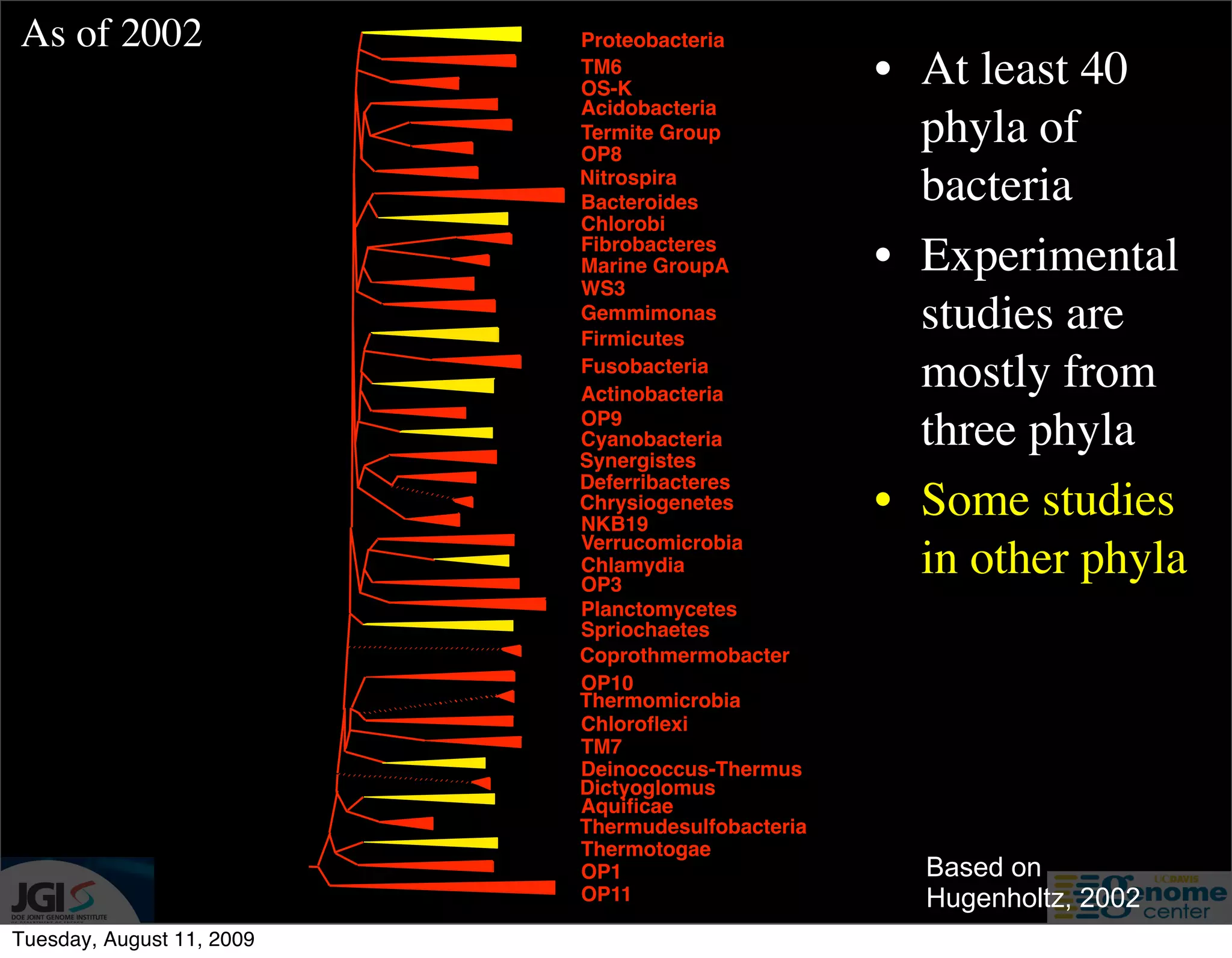 As of 2002                 Proteobacteria
                           TM6
                           OS-K
                                                   • At least 40
                           Acidobacteria
                           Termite Group
                           OP8
                                                     phyla of
                           Nitrospira
                           Bacteroides               bacteria
                           Chlorobi
                           Fibrobacteres
                           Marine GroupA           • Experimental
                           WS3
                           Gemmimonas
                           Firmicutes
                                                     studies are
                           Fusobacteria
                           Actinobacteria
                                                     mostly from
                           OP9
                           Cyanobacteria
                           Synergistes
                                                     three phyla
                           Deferribacteres
                           Chrysiogenetes
                           NKB19
                                                   • Some studies
                           Verrucomicrobia
                           Chlamydia
                           OP3
                                                     in other phyla
                           Planctomycetes
                           Spriochaetes
                           Coprothmermobacter
                           OP10
                           Thermomicrobia
                           Chloroﬂexi
                           TM7
                           Deinococcus-Thermus
                           Dictyoglomus
                           Aquiﬁcae
                           Thermudesulfobacteria
                           Thermotogae
                           OP1                       Based on
                           OP11                      Hugenholtz, 2002
Tuesday, August 11, 2009
 