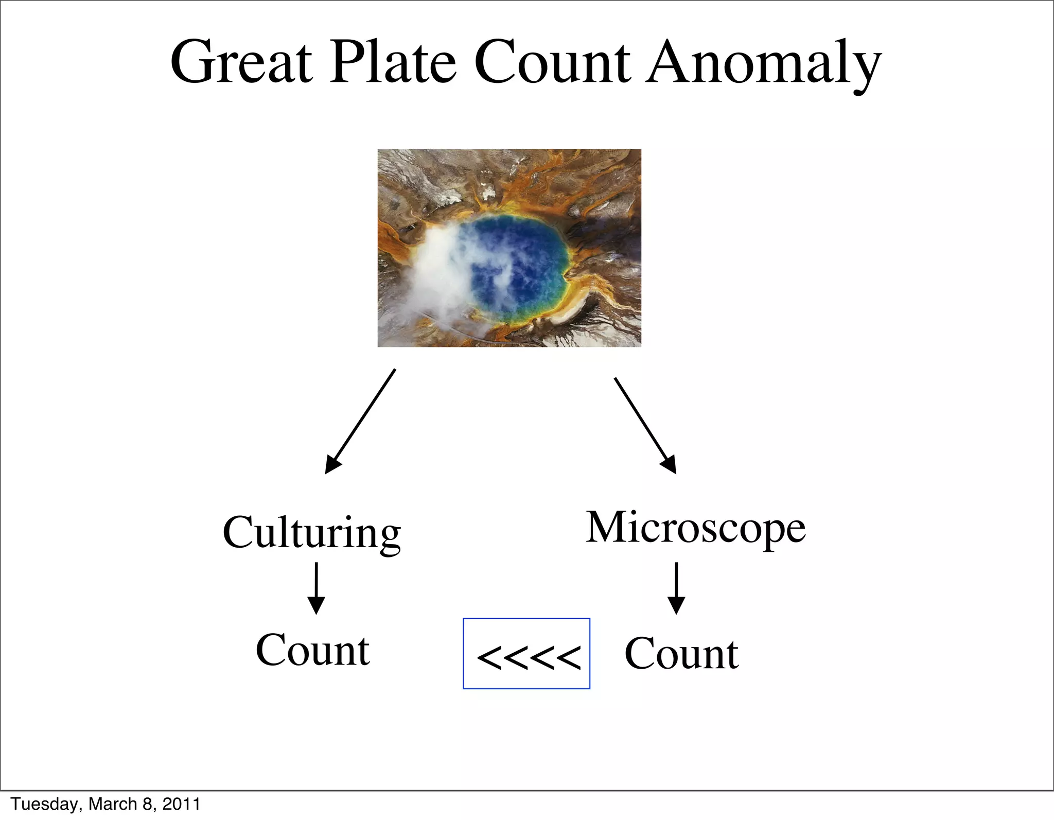 Great Plate Count Anomaly




                         Culturing       Microscope

                          Count      <<<< Count

Tuesday, March 8, 2011
 