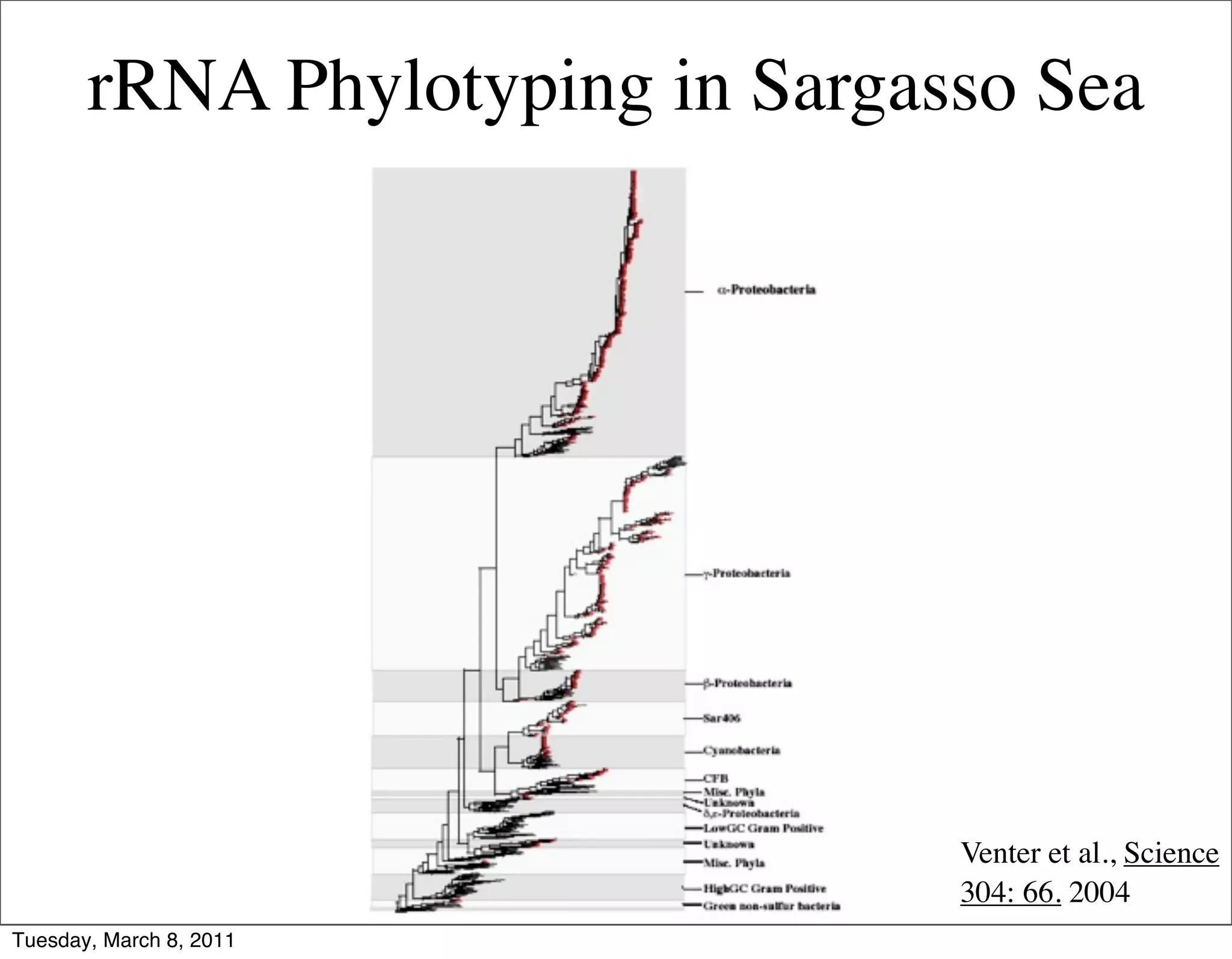 rRNA Phylotyping in Sargasso Sea




                                 Venter et al., Science
                                 304: 66. 2004
Tuesday, March 8, 2011
 