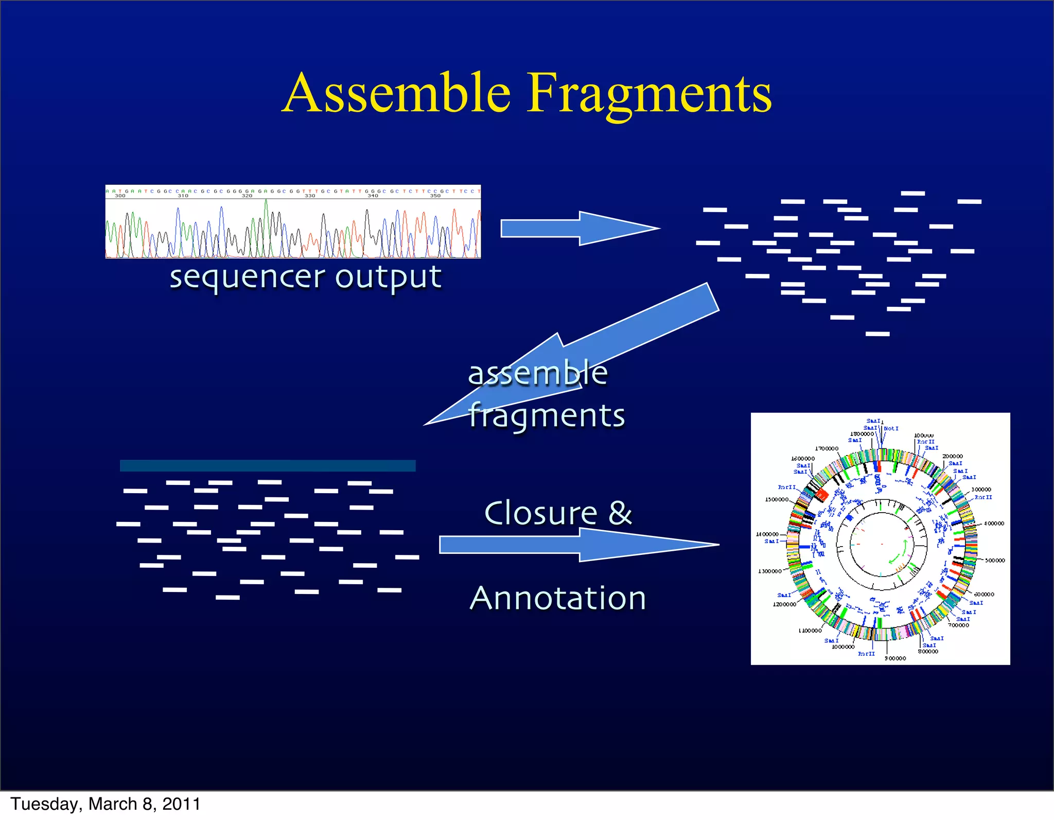 Assemble Fragments


                  sequencer output

                                     assemble
                                     fragments

                                     Closure &

                                     Annotation




Tuesday, March 8, 2011
 