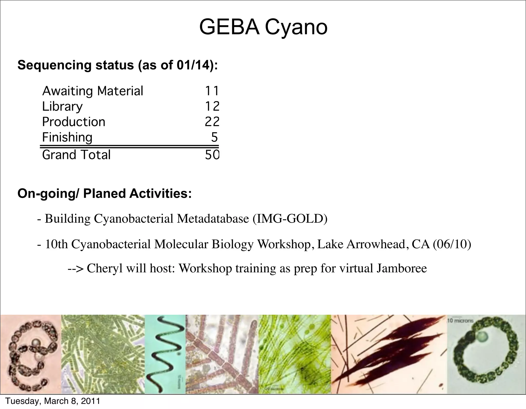GEBA Cyano
  Sequencing status (as of 01/14):
              Awaiting Material            11
              Library                      12
              Production                   22
              Finishing                     5
              Grand Total                  50


  On-going/ Planed Activities:
        - Building Cyanobacterial Metadatabase (IMG-GOLD)
  	

   - 10th Cyanobacterial Molecular Biology Workshop, Lake Arrowhead, CA (06/10)
  	

   	

       --> Cheryl will host: Workshop training as prep for virtual Jamboree




                                                                                         134
Tuesday, March 8, 2011
 