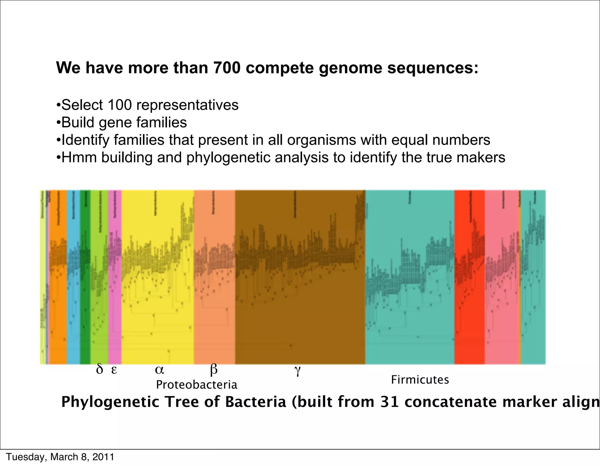 We have more than 700 compete genome sequences:

          •Select 100 representatives
          •Build gene families
          •Identify families that present in all organisms with equal numbers
          •Hmm building and phylogenetic analysis to identify the true makers




                  δ ε    α        β          γ
                         Proteobacteria                    Firmicutes

           Phylogenetic Tree of Bacteria (built from 31 concatenate marker align


Tuesday, March 8, 2011
 