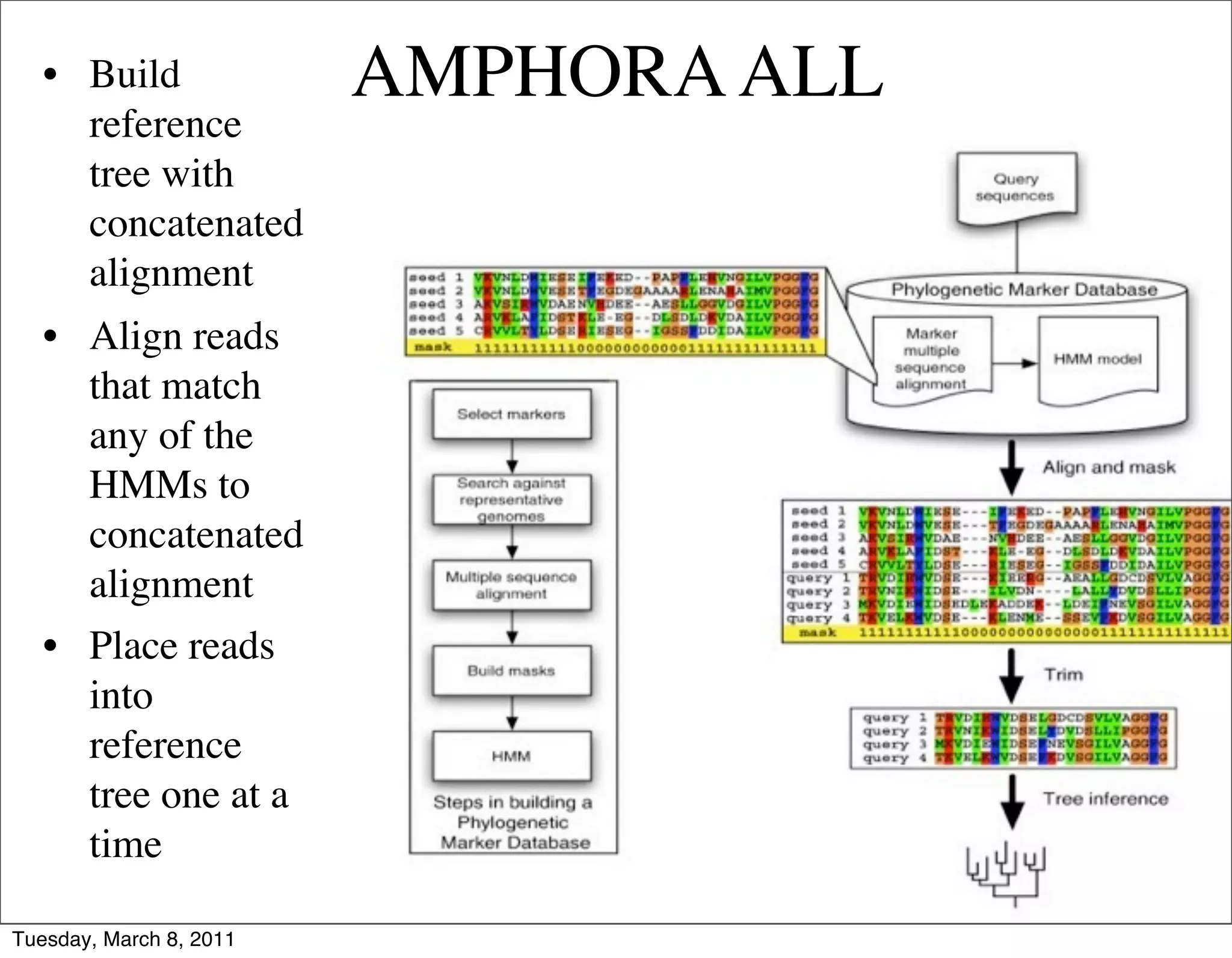 • Build               AMPHORA ALL
     reference
     tree with
     concatenated
     alignment
   • Align reads
     that match
     any of the
     HMMs to
     concatenated
     alignment
   • Place reads
     into
     reference
     tree one at a
     time

Tuesday, March 8, 2011
 