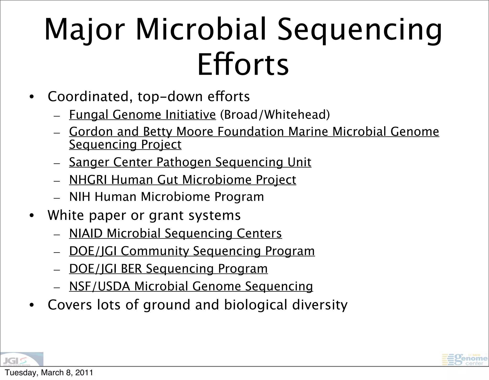Major Microbial Sequencing
                    Efforts
      •   Coordinated, top-down efforts
            – Fungal Genome Initiative (Broad/Whitehead)
            – Gordon and Betty Moore Foundation Marine Microbial Genome
              Sequencing Project
            – Sanger Center Pathogen Sequencing Unit
            – NHGRI Human Gut Microbiome Project
            – NIH Human Microbiome Program
      •   White paper or grant systems
            –   NIAID Microbial Sequencing Centers
            –   DOE/JGI Community Sequencing Program
            –   DOE/JGI BER Sequencing Program
            –   NSF/USDA Microbial Genome Sequencing
      •   Covers lots of ground and biological diversity



Tuesday, March 8, 2011
 