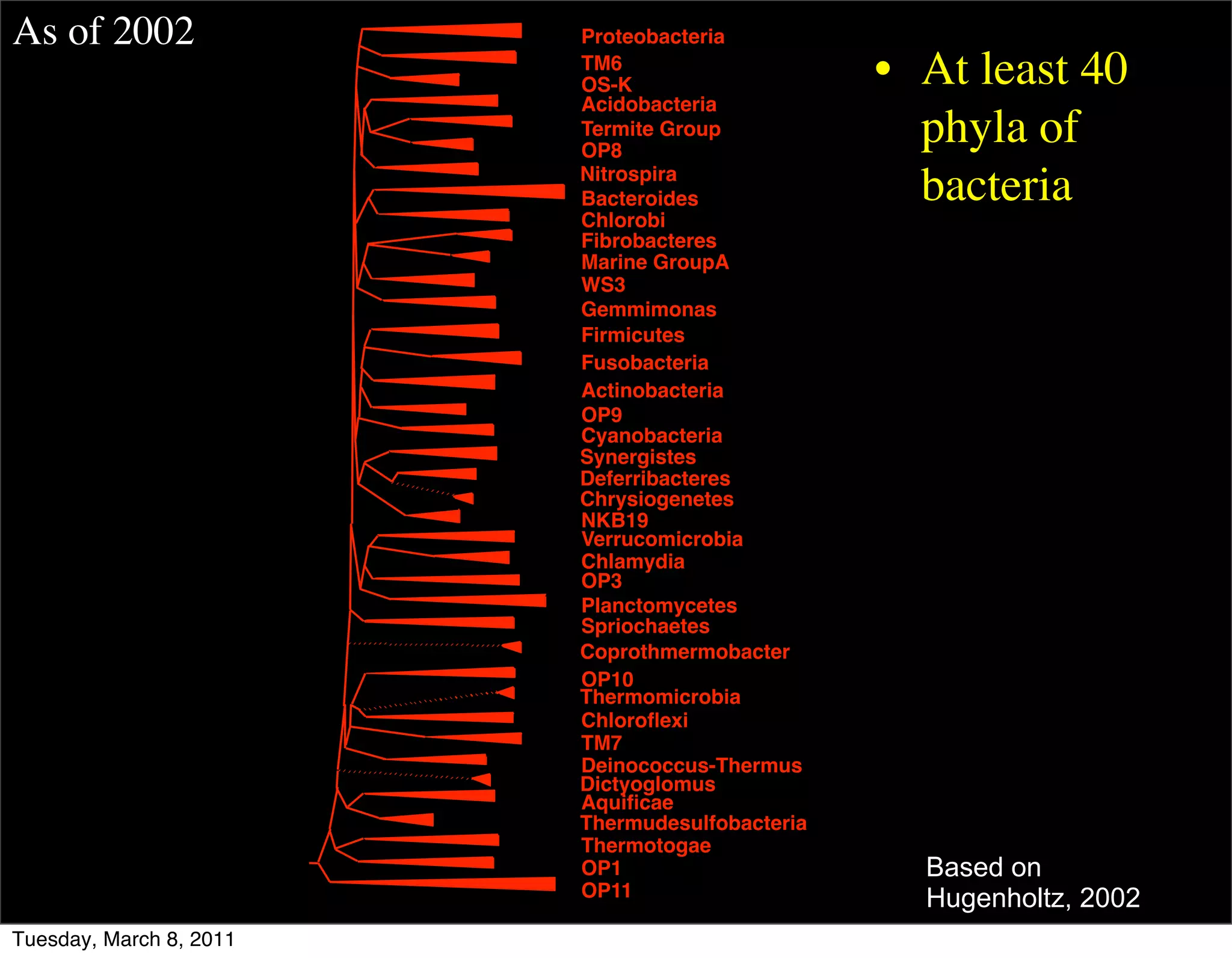 As of 2002               Proteobacteria
                         TM6
                         OS-K                    • At least 40
                         Acidobacteria
                         Termite Group
                         OP8
                                                   phyla of
                         Nitrospira
                         Bacteroides               bacteria
                         Chlorobi
                         Fibrobacteres
                         Marine GroupA
                         WS3
                         Gemmimonas
                         Firmicutes
                         Fusobacteria
                         Actinobacteria
                         OP9
                         Cyanobacteria
                         Synergistes
                         Deferribacteres
                         Chrysiogenetes
                         NKB19
                         Verrucomicrobia
                         Chlamydia
                         OP3
                         Planctomycetes
                         Spriochaetes
                         Coprothmermobacter
                         OP10
                         Thermomicrobia
                         Chloroﬂexi
                         TM7
                         Deinococcus-Thermus
                         Dictyoglomus
                         Aquiﬁcae
                         Thermudesulfobacteria
                         Thermotogae
                         OP1                       Based on
                         OP11                      Hugenholtz, 2002
Tuesday, March 8, 2011
 