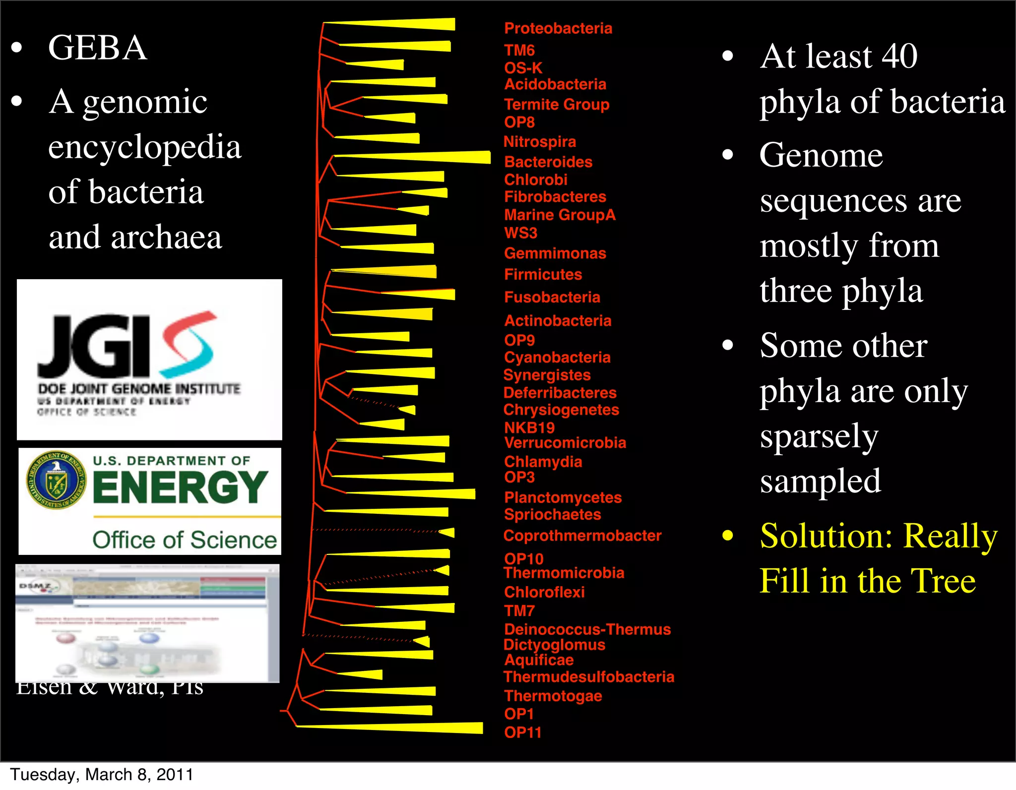 Proteobacteria
• GEBA                   TM6
                         OS-K                    • At least 40
                         Acidobacteria
• A genomic              Termite Group
                         OP8
                                                   phyla of bacteria
  encyclopedia           Nitrospira
                         Bacteroides             • Genome
                         Chlorobi
  of bacteria            Fibrobacteres
                         Marine GroupA
                                                   sequences are
  and archaea            WS3
                         Gemmimonas                mostly from
                         Firmicutes
                         Fusobacteria              three phyla
                         Actinobacteria
                         OP9
                         Cyanobacteria           • Some other
                         Synergistes
                         Deferribacteres
                         Chrysiogenetes
                                                   phyla are only
                         NKB19
                         Verrucomicrobia           sparsely
                         Chlamydia
                         OP3
                         Planctomycetes
                                                   sampled
                         Spriochaetes
                         Coprothmermobacter
                         OP10
                                                 • Solution: Really
                         Thermomicrobia
                         Chloroﬂexi                Fill in the Tree
                         TM7
                         Deinococcus-Thermus
                         Dictyoglomus
                         Aquiﬁcae
                         Thermudesulfobacteria
Eisen & Ward, PIs        Thermotogae
                         OP1
                         OP11

Tuesday, March 8, 2011
 