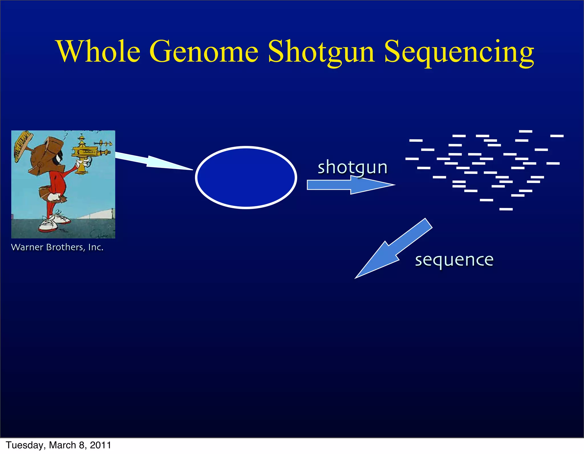 Whole Genome Shotgun Sequencing


                          shotgun


 Warner Brothers, Inc.
                                    sequence




Tuesday, March 8, 2011
 