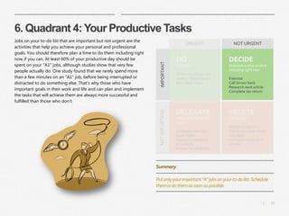 11|
6. Quadrant 4: Your Productive Tasks
Jobs on your to-do list that are important but not urgent are the
activities that help you achieve your personal and professional
goals. You should therefore plan a time to do them including right
now if you can. At least 60% of your productive day should be
spent on your "A1" jobs, although studies show that very few
people actually do. One study found that we rarely spend more
than a few minutes on an "A1" job, before being interrupted or
distracted to do something else. That's why those who have
important goals in their work and life and can plan and implement
the tasks that will achieve them are always more successful and
fulfilled than those who don't.
DO
Do it now
Write and design this
week’s “Eisenhower’s
Box” Slide Topic
DELEGATE
Whose job is this? Not
yours!
Schedule interviews
Book flights
Approve comments
on website
Answer some emails
DECIDE
Schedule a time to do it
including right now
Exercise
Call Simon back
Research next article
Complete tax return
DELETE
Eliminate it
Watching bad TV
Checking social media
too often
Sorting through junk
emails
NOTIMPORTANTIMPORTANT
URGENT NOT URGENT
Summary
Putonlyyourimportant“A”jobsonyourto-dolist.Schedule
themordothemassoonaspossible.
 