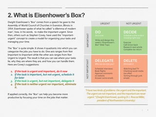 4|
2. What is Eisenhower’s Box?
Dwight Eisenhower’s “Box” comes from a speech he gave to the
Assembly of World Council of Churches in Evanston, Illinois in
1954. Eisenhower spoke of what he called “a dilemma of modern
man”, how, in his words, to make the important urgent. Since
then, others such as Stephen Covey, have used the “important-
urgent” concept to create a model for organizing your tasks and
managing your time.
The “Box” is quite simple. It shows 4 quadrants into which you can
categorize the jobs you have to do. One axis ranges from Not
Important to Important while the other axis ranges from Not
Urgent to Urgent. The result is that you can see where your tasks
lie, why they are where they are, and how you can handle them.
Here are Covey’s suggestions:
1. If the task is urgent and important, do it now
2. If the task is important, but not urgent, schedule it
for later
3. If the task is urgent, but not important, delegate it
4. If the task is neither urgent nor important, eliminate
it.
If applied correctly, the “Box” can help you become more
productive by focusing your time on the jobs that matter.
DO
Do it now
Write and design this
week’s “Eisenhower’s
Box” Slide Topic
DELEGATE
Who can do it for you?
Schedule interviews
Book flights
Approve comments
on website
Answer some emails
DECIDE
Schedule a time to do it
including right now
Exercise
Call Simon back
Research next article
Complete tax return
DELETE
Eliminate it
Watching bad TV
Checking social media
too often
Sorting through junk
emails
NOTIMPORTANTIMPORTANT
URGENT NOT URGENT
"Ihavetwokindsofproblems:theurgentandtheimportant.
Theurgentarenotimportant,andtheimportantarenever
urgent."(DwightEisenhower,quotingDrJ.RoscoeMiller,
presidentofNorthwesternUniversity)
 