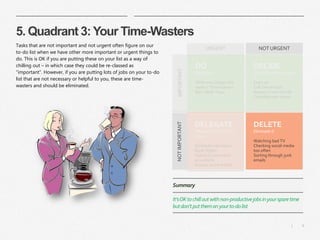 9|
5. Quadrant 3: Your Time-Wasters
Tasks that are not important and not urgent often figure on our
to-do list when we have other more important or urgent things to
do. This is OK if you are putting these on your list as a way of
chilling out – in which case they could be re-classed as
“important”. However, if you are putting lots of jobs on your to-do
list that are not necessary or helpful to you, these are time-
wasters and should be eliminated.
DO
Do it now
Write and design this
week’s “Eisenhower’s
Box” Slide Topic
DELEGATE
Whose job is this? Not
yours!
Schedule interviews
Book flights
Approve comments
on website
Answer some emails
DECIDE
Schedule a time to do it
Exercise
Call Simon back
Research next article
Complete tax return
DELETE
Eliminate it
Watching bad TV
Checking social media
too often
Sorting through junk
emails
NOTIMPORTANTIMPORTANT
URGENT NOT URGENT
Summary
It’sOKtochilloutwithnon-productivejobsinyoursparetime
butdon’tputthemonyourto-dolist
 