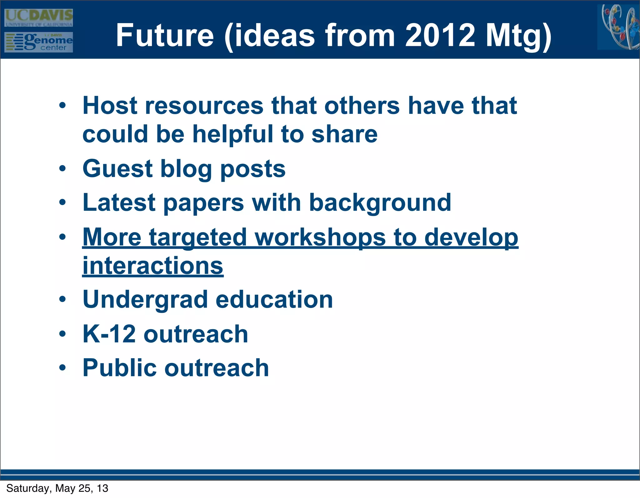 Future (ideas from 2012 Mtg)
• Host resources that others have that
could be helpful to share
• Guest blog posts
• Latest papers with background
• More targeted workshops to develop
interactions
• Undergrad education
• K-12 outreach
• Public outreach
Saturday, May 25, 13
 