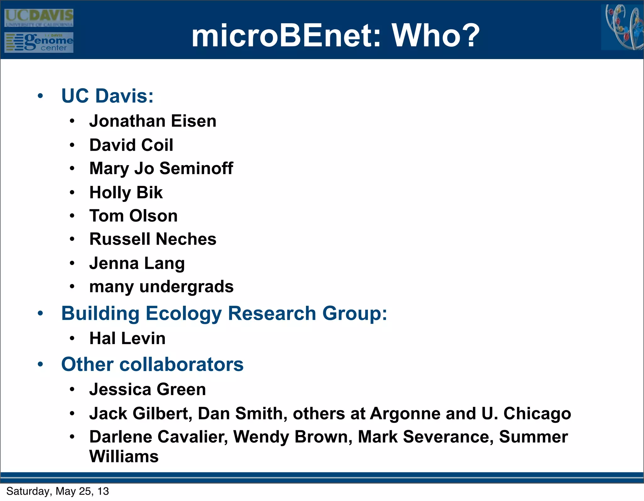 microBEnet: Who?
• UC Davis:
• Jonathan Eisen
• David Coil
• Mary Jo Seminoff
• Holly Bik
• Tom Olson
• Russell Neches
• Jenna Lang
• many undergrads
• Building Ecology Research Group:
• Hal Levin
• Other collaborators
• Jessica Green
• Jack Gilbert, Dan Smith, others at Argonne and U. Chicago
• Darlene Cavalier, Wendy Brown, Mark Severance, Summer
Williams
Saturday, May 25, 13
 