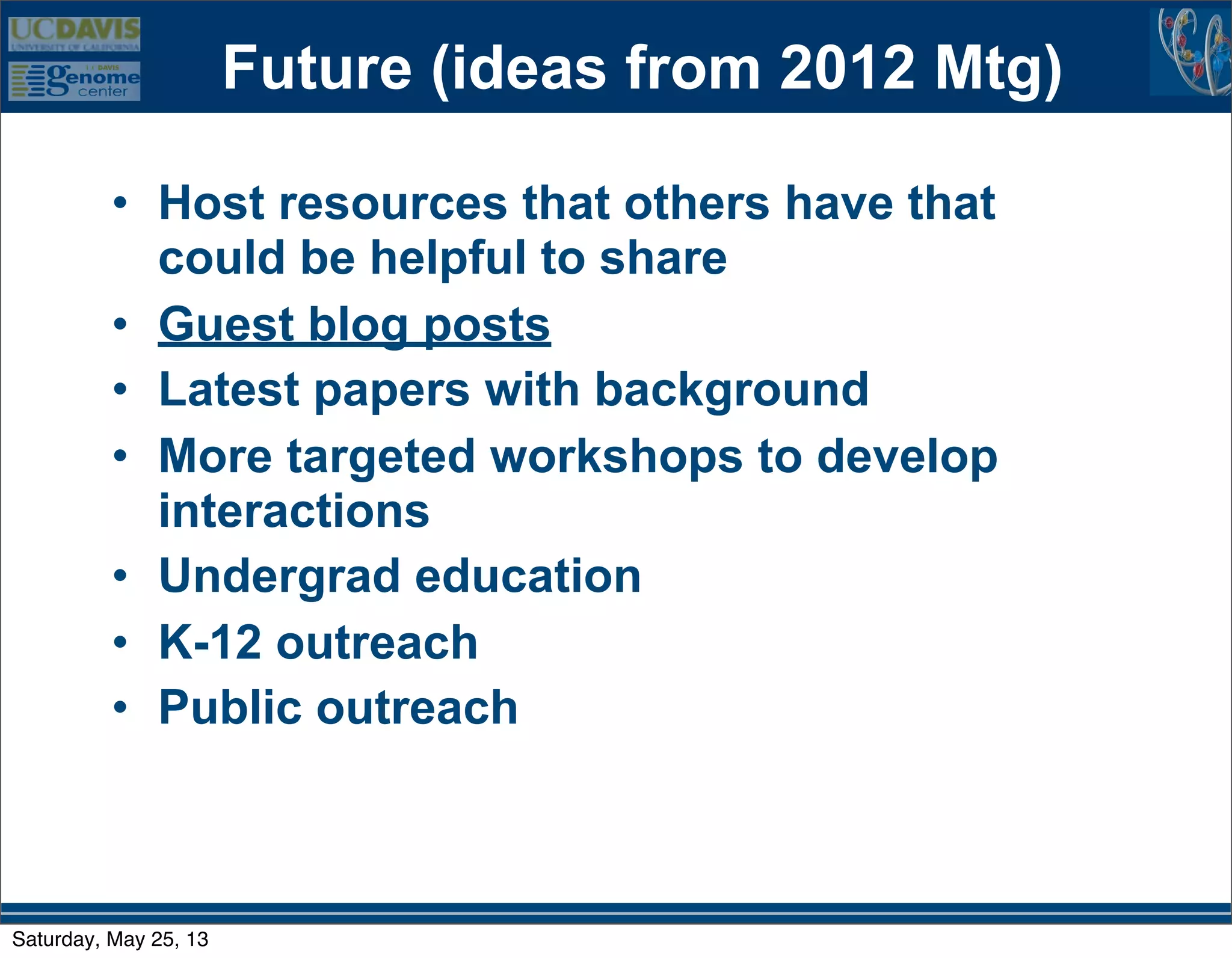Future (ideas from 2012 Mtg)
• Host resources that others have that
could be helpful to share
• Guest blog posts
• Latest papers with background
• More targeted workshops to develop
interactions
• Undergrad education
• K-12 outreach
• Public outreach
Saturday, May 25, 13
 