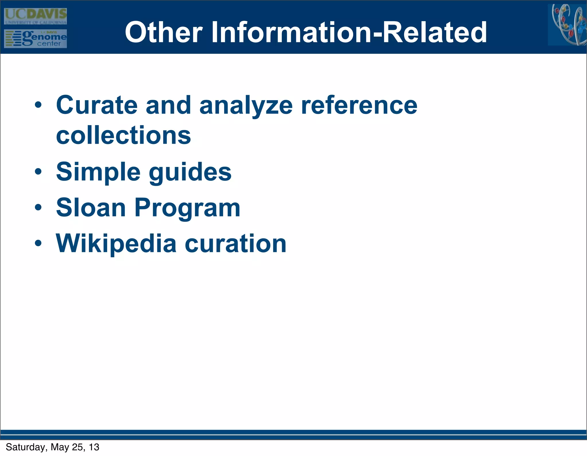 Other Information-Related
• Curate and analyze reference
collections
• Simple guides
• Sloan Program
• Wikipedia curation
Saturday, May 25, 13
 