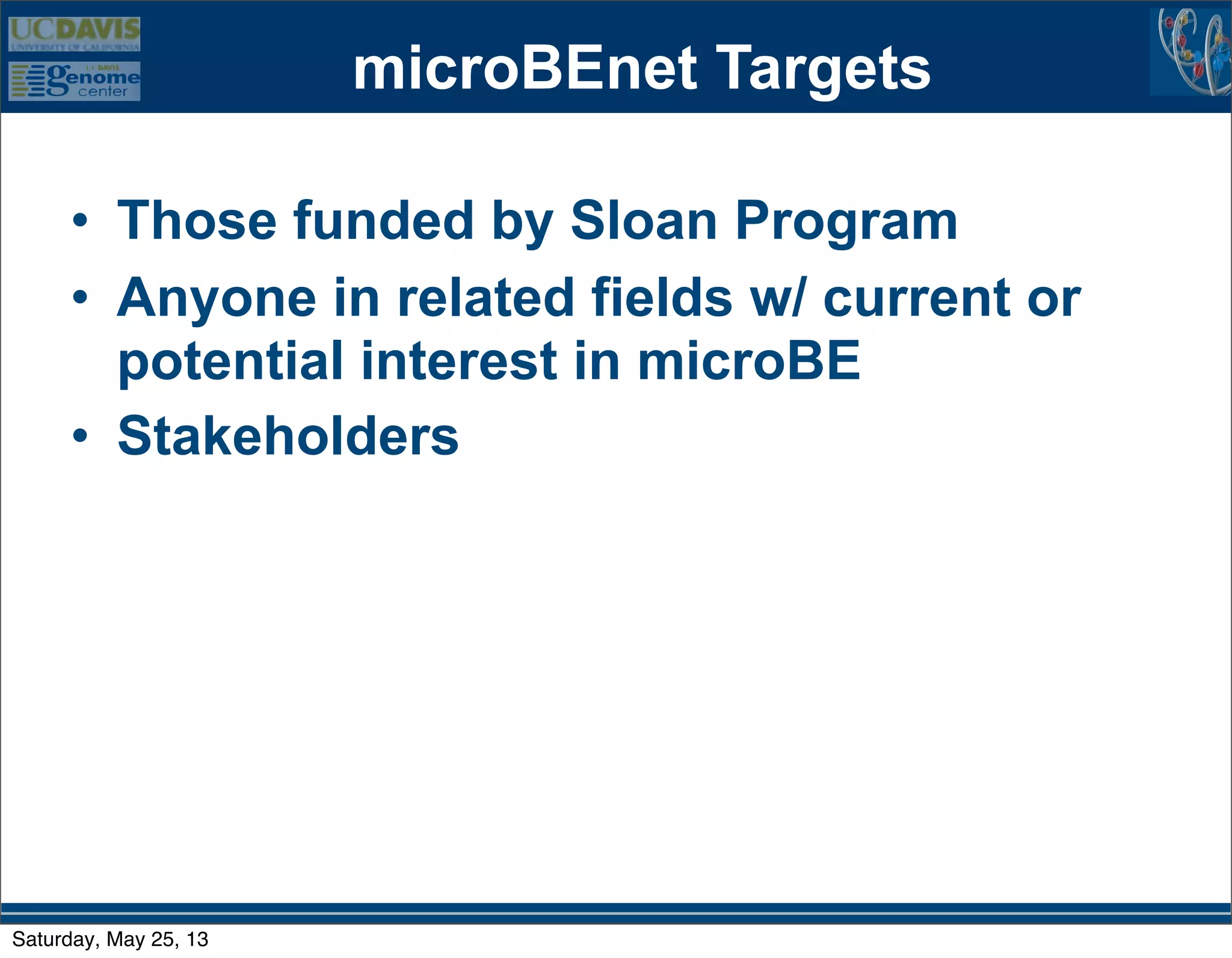 microBEnet Targets
• Those funded by Sloan Program
• Anyone in related fields w/ current or
potential interest in microBE
• Stakeholders
Saturday, May 25, 13
 